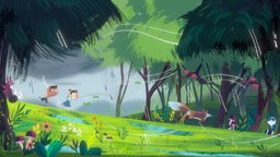 Summer Color! (Zoe Persico's Illustration) trees, sky, fish, forest, grass, cute, bird, animals, children, racoon, fox, rain, shadeless, nature, blender-3d, illustration, handpaintedtexture, charactermodel, npr, brushstrokes, character, handpainted, blender, characterdesign, handpainted-lowpoly