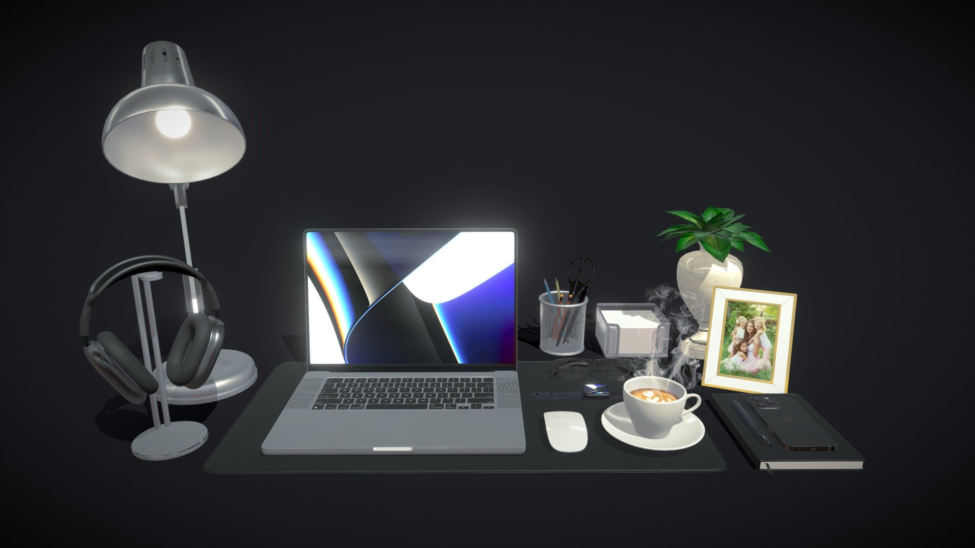 Realistic (copy) 3d model Workspace MacBook 6.

This set:




1 file obj standard

1 file 3ds Max 2013 vray material

1 file 3ds Max 2013 corona material

1 file of 3Ds

Topology of geometry:




forms and proportions of The 3D model

the geometry of the model was created very neatly

there are no many-sided polygons

detailed enough for close-up renders

the model optimized for turbosmooth modifier

Not collapsed the turbosmooth modified

apply the Smooth modifier with a parameter to get the desired level of detail

Materials and Textures:




3ds max files included Vray-Shaders

3ds max files included Corona-Shaders

all texture paths are cleared

In the archive:
- Apple MacBook Pro 16 2021
- Apple iPhone 13 pro
- Apple AirPods Max
- Apple Watch Series 7
- Table lamp Arte Lamp Luxo
- Glasses, photo frame, stationery, parker pen, coffee, diary