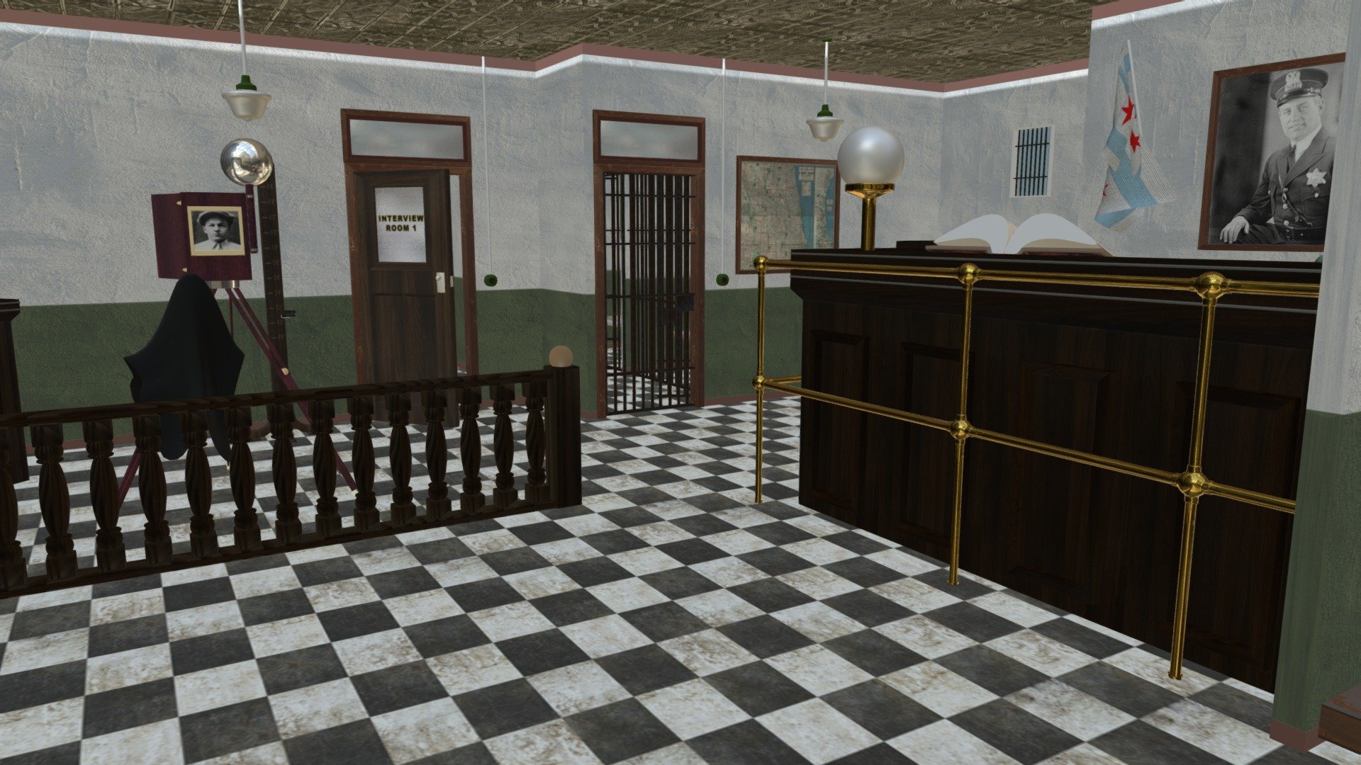 In our local small-town police station, we have a dispatch area that is shared with the front desk of the station that serves the people of your town. We have a few holding cells for some rowdy people that just need a night to sleep it off. These holding cells are made up of several barred cells. With a bed, thin mattress, a blanket and pillow, toilet and sink in the corner
There are two interrogation rooms where persons of interest are questioned with one-way windows/mirrors with police officers/detectives on the other side who watch the interrogation and the suspect
The processing area is a big enough space to take pictures of our more serious offenders, as well as utilizing it as a holding space for the
We also have awaiting area and a locker room you’ll find lockers assigned to police officers where they store their clothing, shoes, and personal hygiene products.