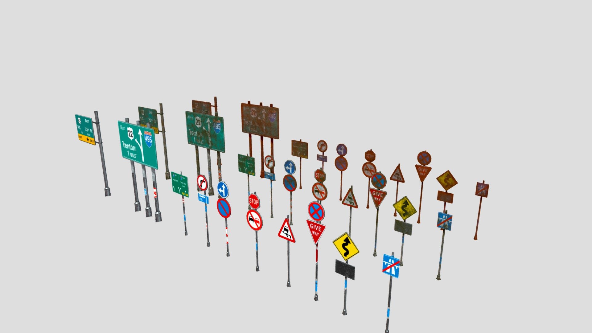 street and traffic signs with pbr textures clean, dirty and rusted pbr textures