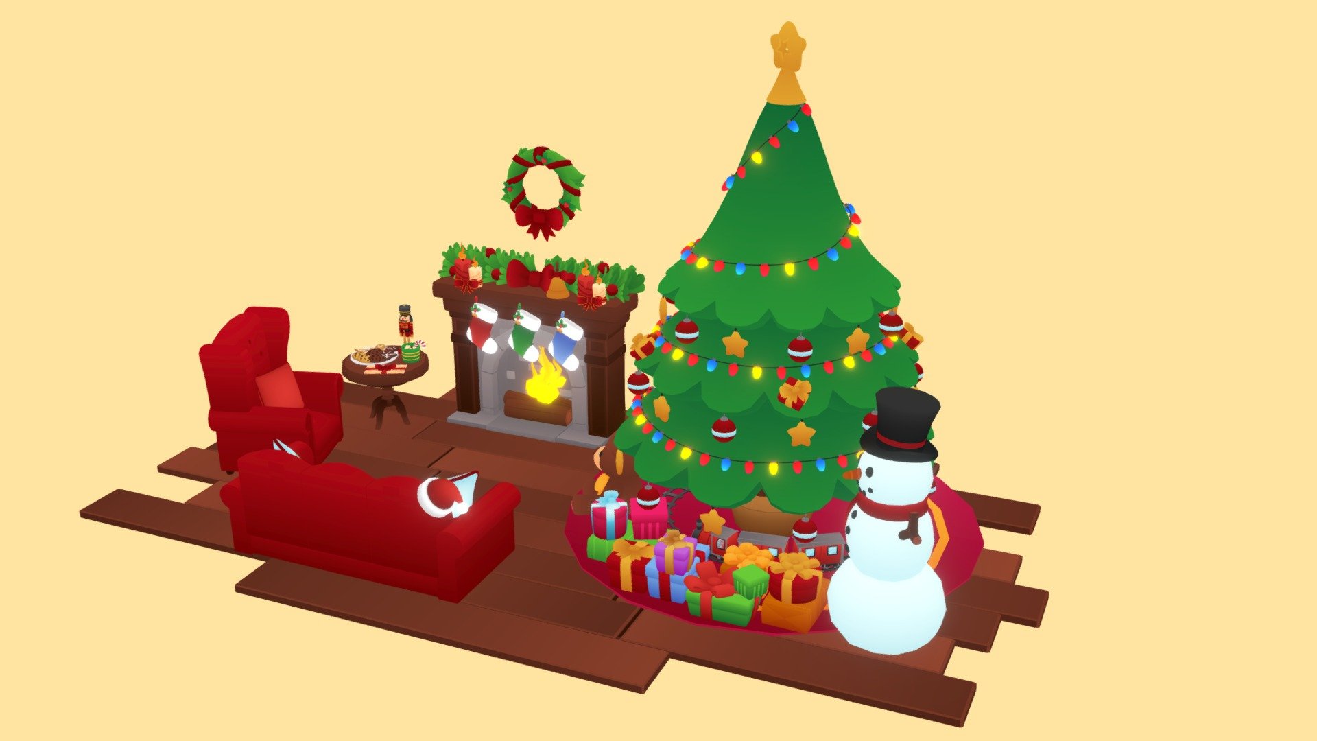 Happy holidays, This little Christmas pack is now available to use in your scenarios and games.

-The package contains the Blender file, where you will find color variations for some of the models and individual elements.

Gift boxes and bows, Color Variations
 

Sofa and Armchairs Color Variations
 

Remember that you can also change the color of the models by moving the UV in the Texture Atlas

Other similar packages:

Medieval Toon Assets Set---------->https://skfb.ly/6UIYp

Cemetery Toon Assets Set----------->https://skfb.ly/6VL6D

Furniture - Kitchen Pack--------------------->https://skfb.ly/owPT9

Furniture - Living Room Pack------>https://skfb.ly/oxxHR