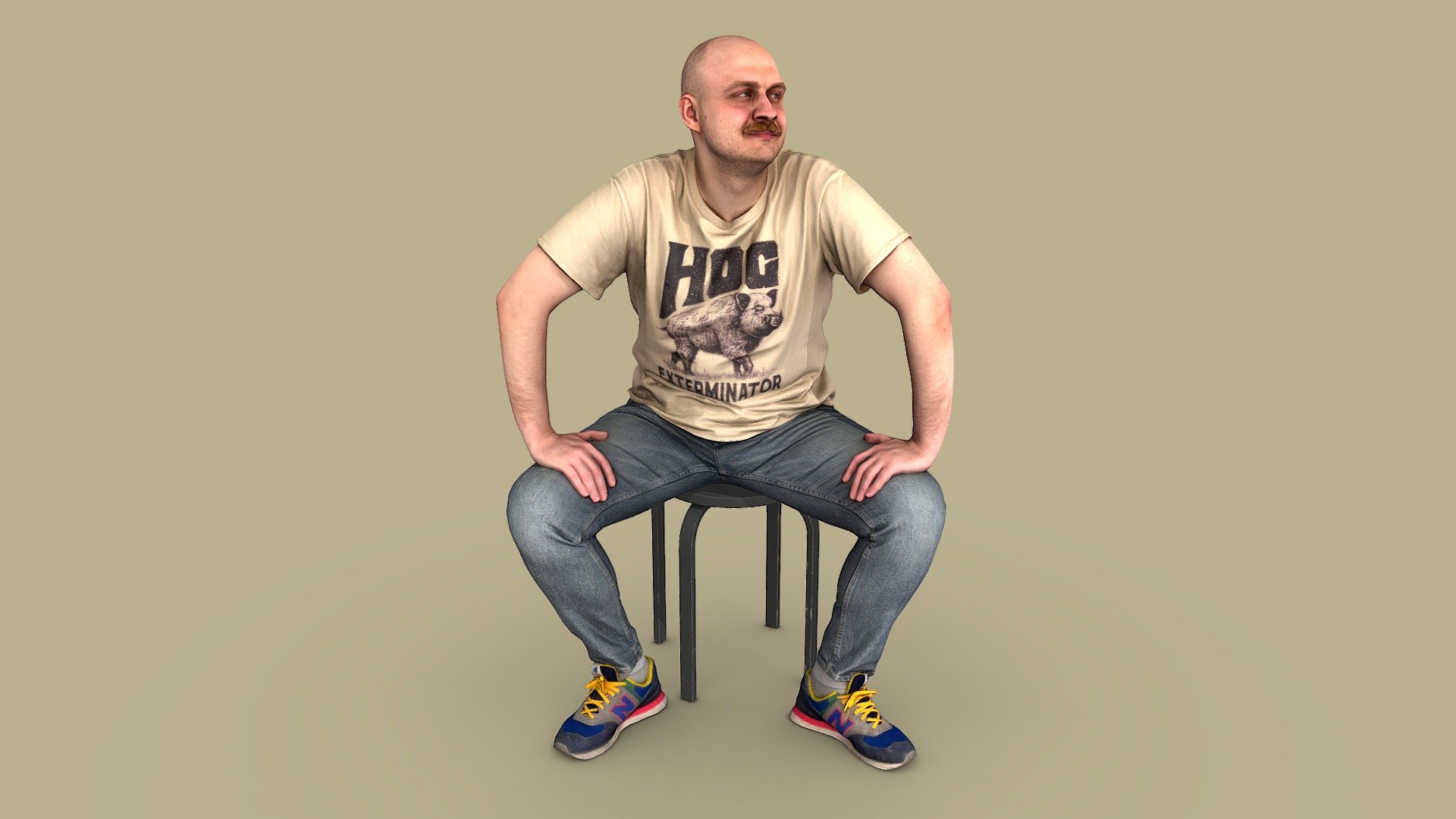 Follow us on Instagram 👍🏻

✉️ A bald, non-athletic man sits on a chair with his legs wide apart. He looks like Charles Bronson, with a sly grin on his face. He is wearing a beige printed T-shirt, blue skinny jeans and colored sneakers.

🦾 This model will be an excellent mid-range participant. It does not need to be very close and try to see the details, it reveals and demonstrates its texture as much as possible in case of a certain distance from the foreground.

⚙️ Photorealistic Casual Character 3d model ready for Virtual Reality (VR), Augmented Reality (AR), games and other real-time apps. Suitable for the architectural visualization and another graphical projects. 50 000 polygons per model.

PAIL19