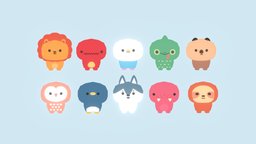 Animal Cute Pack cute, chibi, bird, pet, lizard, seal, otter, lion, sloth, assetpack, flatcolor, packet, animals-cute, character, blender, lowpoly, characters, animal, wolf, dinosaur, dino, gameready, cute-animals, peguin