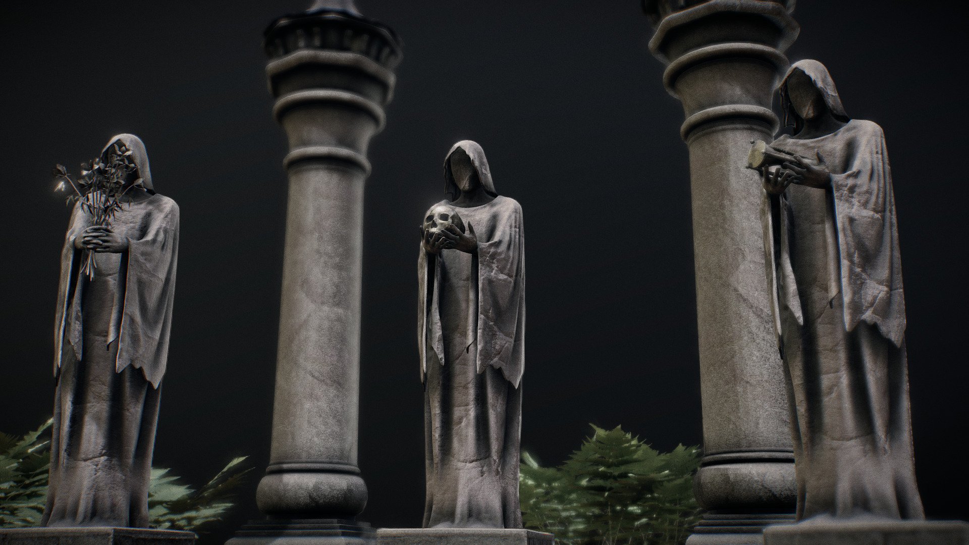 3 ancient statues modeled in blender with some fun cloth sim. the statues and held object have a single shared 8K PBR material. same with the scene around it. the ferns and leaves have their own separate materials. all PBR.