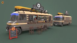 Hipster Food Truck | Low-poly PBR 3D Model burger, food, truck, coffee, exterior, van, transport, hipster, cart, fast, drinks, lunch, camper, foodtruck, fast-food, food-truck, vehicle, car, city, street, shop, food-cart