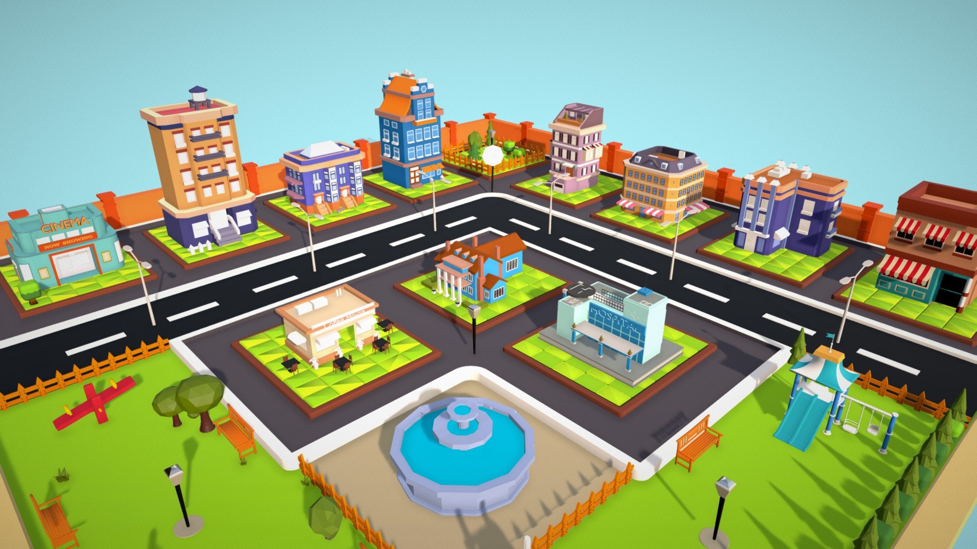 The package includes 11 low poly multi-purpose buildings with a city environment.

This pack includes:
- Hospital, Bungalow, coffee / Cafe Shop, Highrise Building, Hotel, Cinema, Shops, etc.
- Road, Street Lights, Lamp Posts
- Various Trees, Garden Assets, Children's Play Area, Swing, Seasaw, Slider, Bench, Fountain
- Wall for fencing the city outside area, Wooden fencing for the garden area

This pack is suitable for games, rendering, or whatever you want.
You can customize various color variants as per your needs by changing the material's color.
All the models are originally modeled in a blender. This pack included the following file formats: Obj, Glb, and Blend.

Buy and enjoy this low poly building city pack and leave valuable comments below. 
Rate this product if you liked it. Thank you.