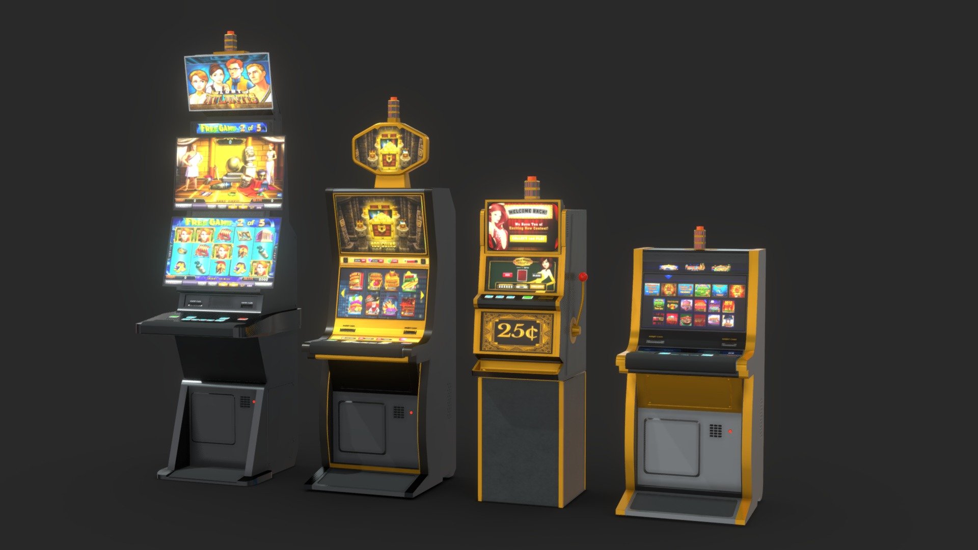 Las Vegas Casino Slot Machine Pack Volume 1. High Poly to spec. Textured, ready for VR / AR

Includes :
* 3 Screen Digital Slot Machine
* 2 Screen Digital Slot Machine with Large Topper
* 2 Screen Digital Pull Slot
* 1 Screen Digital Video Poker Machine
* Rows and Collumns Geometry nodes with procedural settings for custimization. 
* Wall Distrobution Geometry nodes with procedural settings for custimization.

These geonodes included help with optimization of distrobution of slot machines. Fully customizable spacing, row gaps, and slot machine randomization. 
Materials Seperated for easy PBR use. 2 FREE geometry nodes to array slot machines in rows and columns for better optimization. Blender 3.0 and up

Preview :
https://youtu.be/fs4FSgxywpI