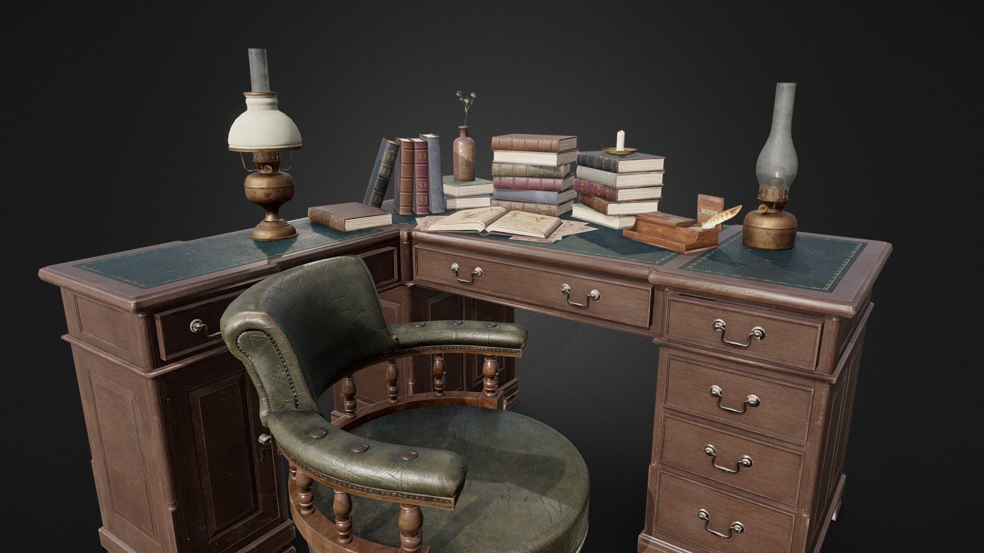 A game-ready desk with props. It would make a great addition to an office or library scene and the props could be used more broadly in any old / Victorian-era environment. 

You can get this model on Fab

Features




Desk. The corner extension can be removed. The cabinet and top draws can be opened 2k texture

Leather chair 2k texture

Collection of books, including a candle, ink well and quill pen 2k texture

Oil lamps 1k texture

Small bottle with flower 512x512

Modelled in Blender and textured in Substance Painter.