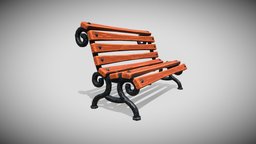 Street bench - steel wooden, bench, garden, park, town, old, iron, yard, substancepainter, substance, cartoon, city, wood, stylized, street, steel