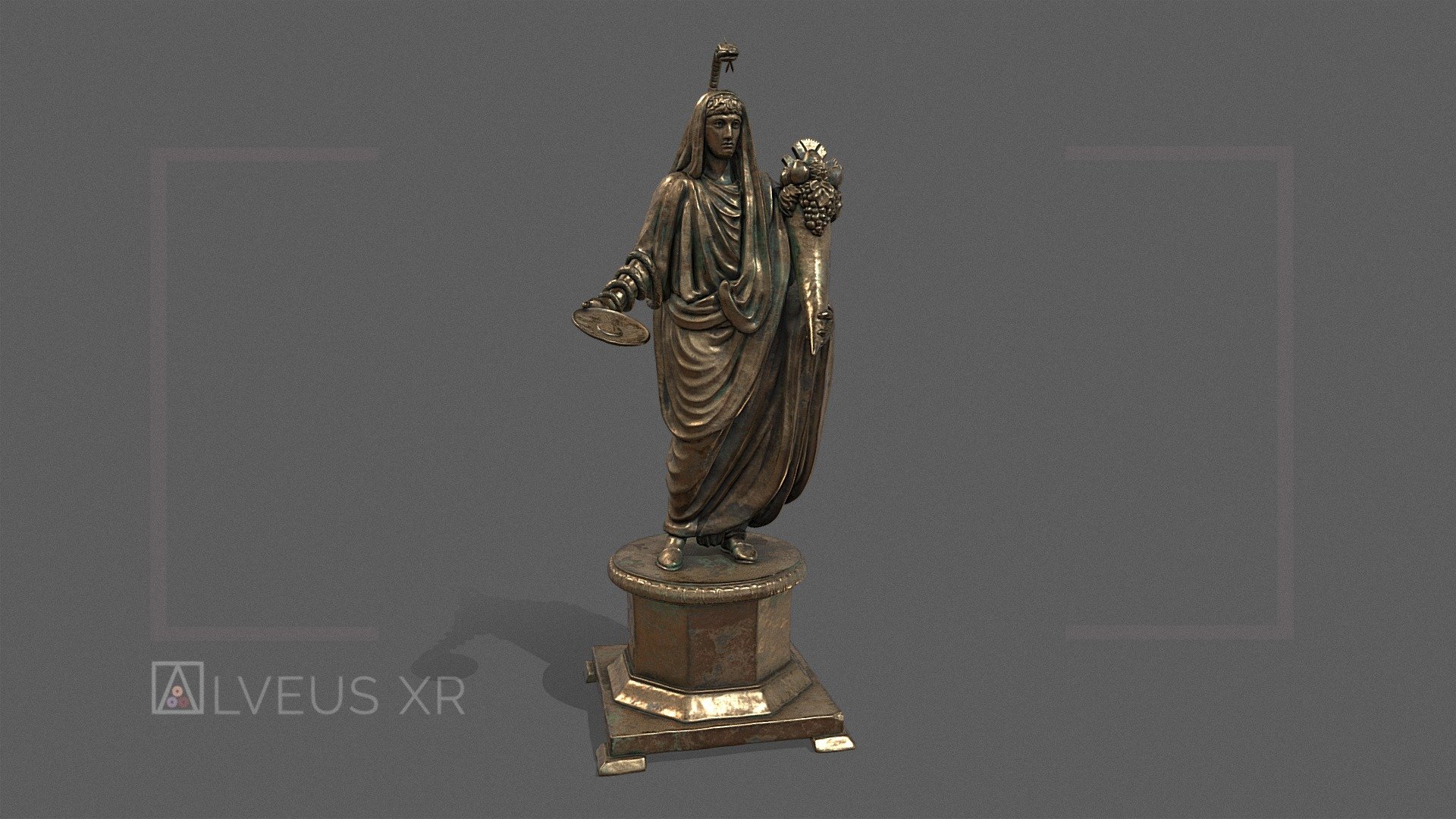Estatuilla de Genius, realizada en bronce, de unos 15 cm de altura. Está basada en una pieza que se encuentra en la State Archeological Collection, Munich. Este tipo de estatuillas formaba parte, junto con otras, de los dioses que se disponían en los lararium de las domus romanas.

Statuette of Genius, made of bronze, about 15 cm high. It is based on a piece in the State Archeological Collection, Munich. This type of statuette formed part, along with others, of the gods that were displayed in the lararium of the Roman domus.

Más información / More info: https://alveusxr.com/modelo/estatuilla-de-genius/