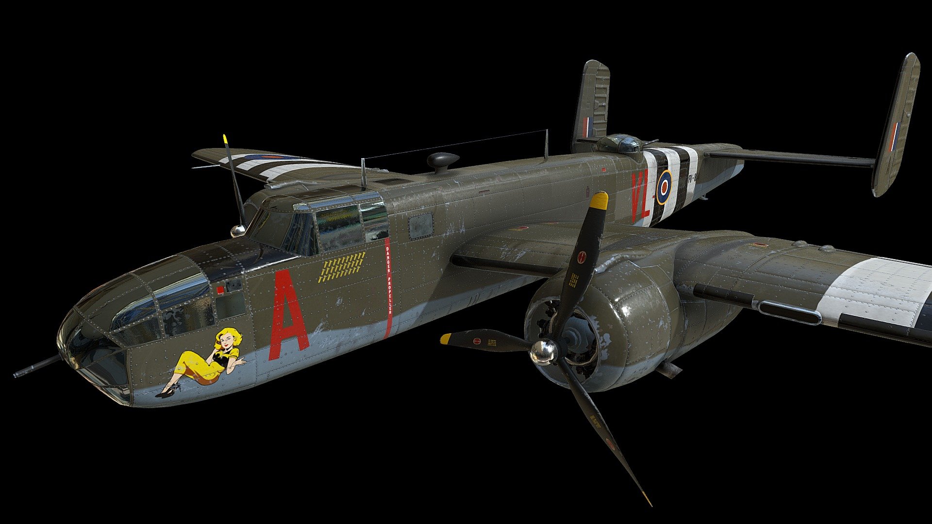 This is a model of a B-25 Mitchell bomber used by the Royal Air Force, as used in World War Two, featuring invasion stripes (first used to identify allied aircraft on D-Day).

The mesh was made in Blender while the textures were made in Substance Painter. The texture includes a fictional nose art figure, various labels and accurate panel/rivet lines.

Includes the following texture maps:

Base Colour (8K)
Metalness (8K)
Normals (4K)
Roughness (4K)