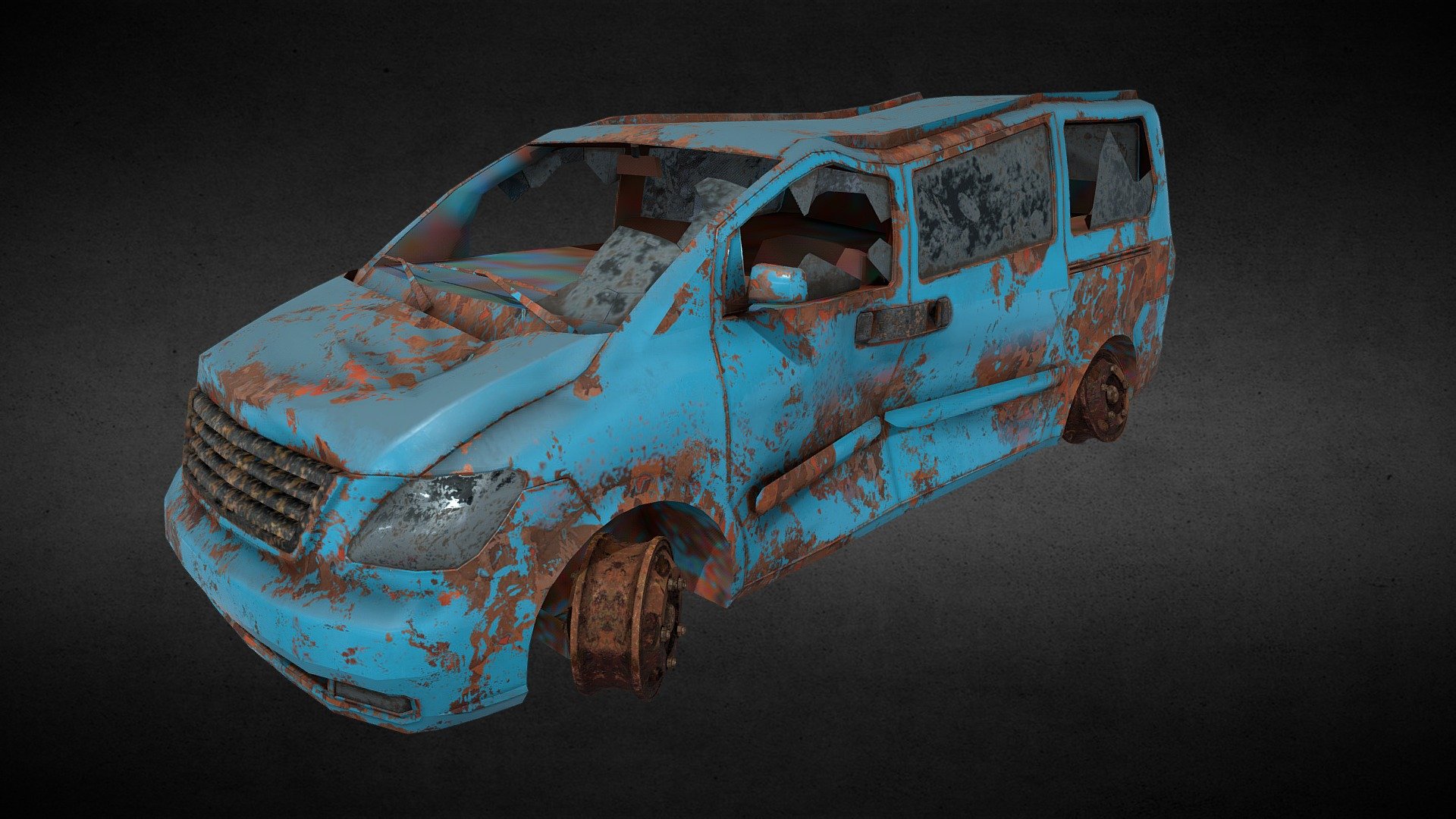A rusted minivan truck left abandoned in a stylized post-apocalyptic world. Game ready and optimized for UE5 or Unity.

Base color, roughness, metallic, ambient occlusion and normal maps