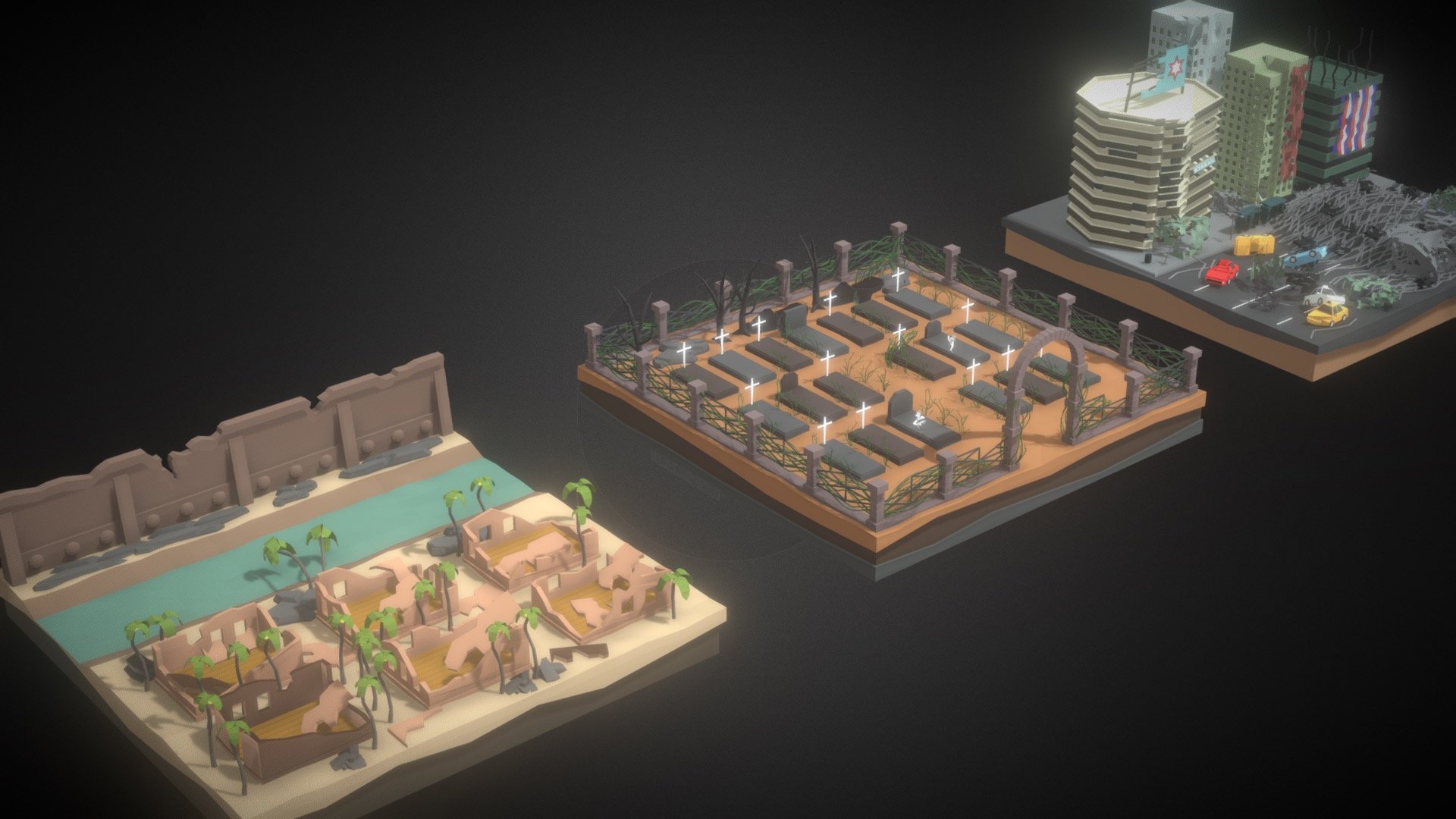 An environment set that optimally covers land and sea for Zombie game environments. The best zombie store for environment elements. A zombieland prepared to kickstart your game development.

Probs: 
- Tires 
- Factory 
- Gas station 
- Fuel station 
- Petrol pump 
- Car service center 
- Ship 
- Cargo 
- Sea shore 
- Shipyard 
- Dockyard 
- Circus 
- Wagon Wheel 
- Feast 
- House Fire 
- Construction site 
- Factory fire 
- Vehicles on road 
- Lawn Tennis court 
- Date on a Tennis court 
- Over bridge 
- Traffic halt 
- Vehicle and road in Desert 
- Railway station 
- Train station 
- Metro trains 
- Camping site 
- River bank 
- Palm trees 
- Graveyard 
- Christian Graveyard 
- City roads 
- Garbage on city roads 
- Sky scrapers 
- Buildings 
- Tunnel 
- Mountain tunnel 
- Beach side camping 
- Beach house 
- Boats 
- Equipments store 
- Manufacturing house 
- Volcano 
- Mountain sea shore 
- Volcanic eruption 
- Aeroplanes wreckage 
- Scrap store 
- Garage