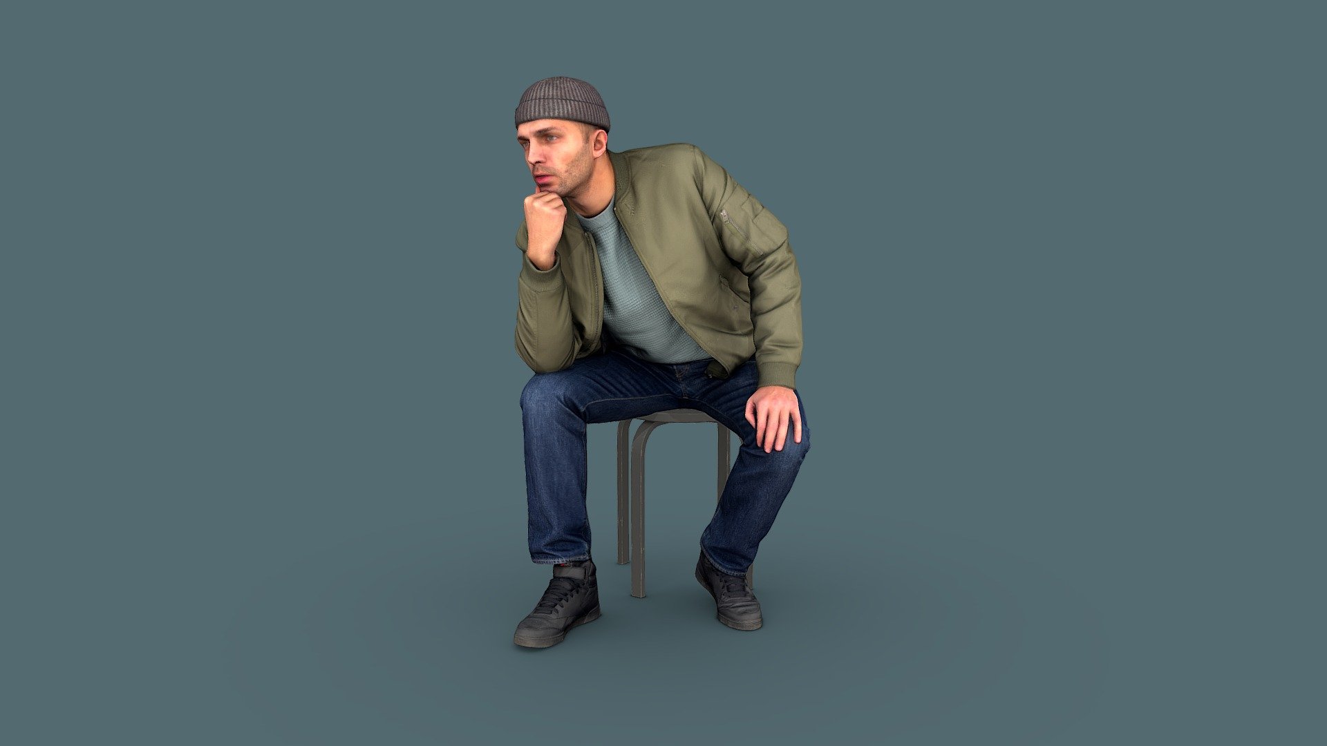 Follow us on Instagram 👍🏻

✉️ A young handsome guy with stubble sits on a chair, thinking, leaning his hand on his right knee, looks ahead. He is wearing a sweater, green bomber jacket, navy blue jeans, black trainers and a gray beanie hat.

🦾 This model will be an excellent mid-range participant. It does not need to be very close and try to see the details, it reveals and demonstrates its texture as much as possible in case of a certain distance from the foreground.

⚙️ Photorealistic Casual Character 3d model ready for Virtual Reality (VR), Augmented Reality (AR), games and other real-time apps. Suitable for the architectural visualization and another graphical projects. 50 000 polygons per model.