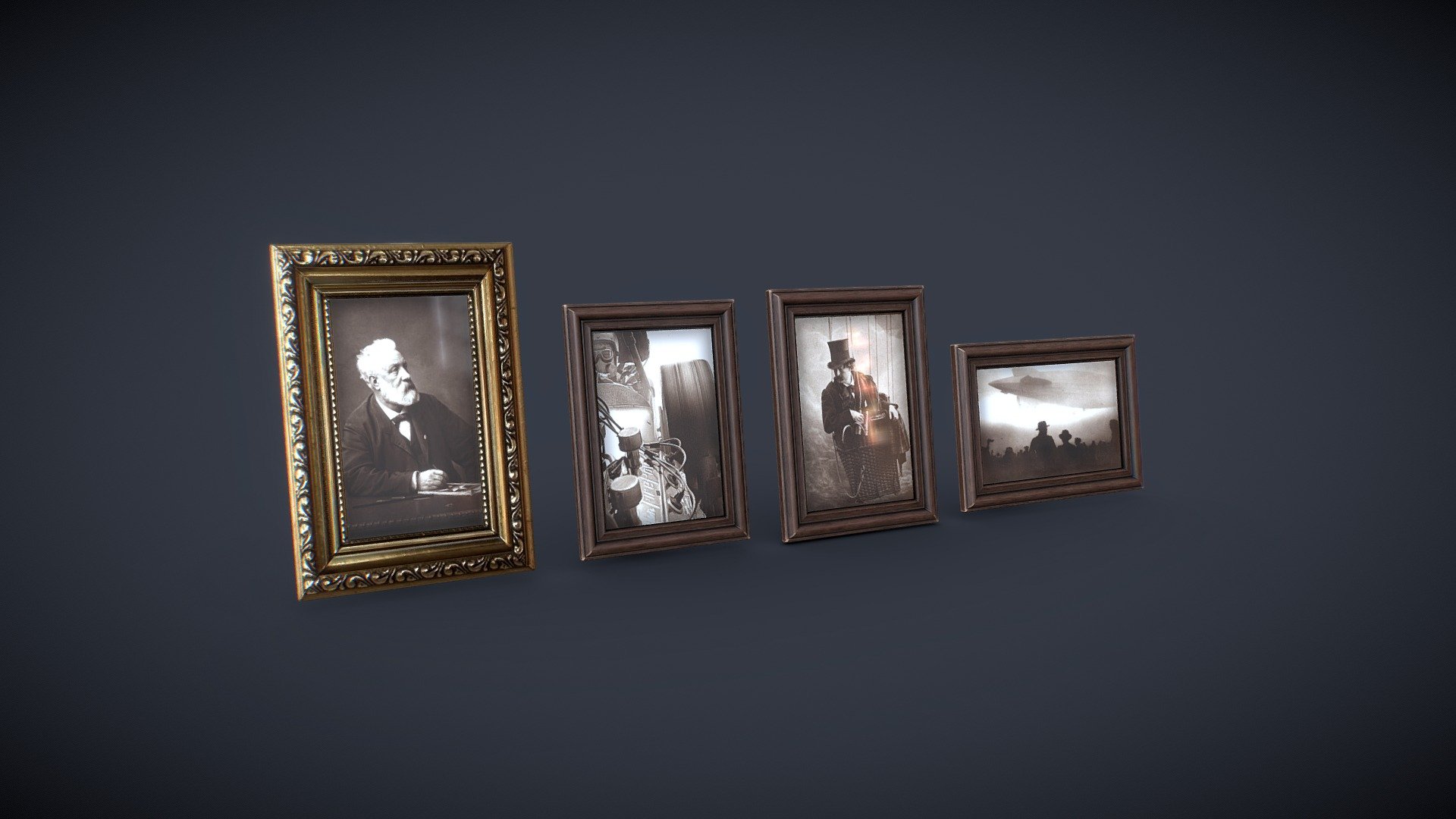 Hello all :) Few photographic frames assets for a victorian project to put on a desk or a shelf. Used old photos of Nadar, from Jules vernes or some old vehicles scenary.

Made with Maya, PS and Substance.

You will find in the package Scene file, FBX and 2k Textures.
If you have any customs need, please feel free to contact me.