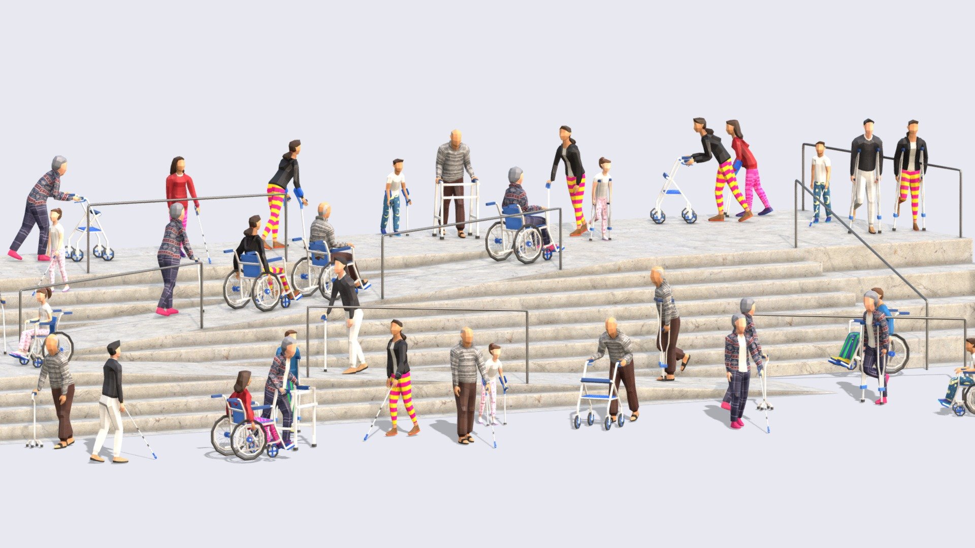 Disabled People Pack

Populate ramps, parks and other spaces to highlight areas where disabled people have been in mind. 




8 characters in different possitions

8 textures that can change inbeetween and compatible with all our other textures.

1 texture for all aids and compatible with our Vehicles textures.

Universal formats included OBJ, DAE, FBX, GLB &amp; Blend native files.

46 files in total including the cool stairs/ramp as shown in model.

Let us know if we missed something and we can add other models.

*Rest Pose people not included