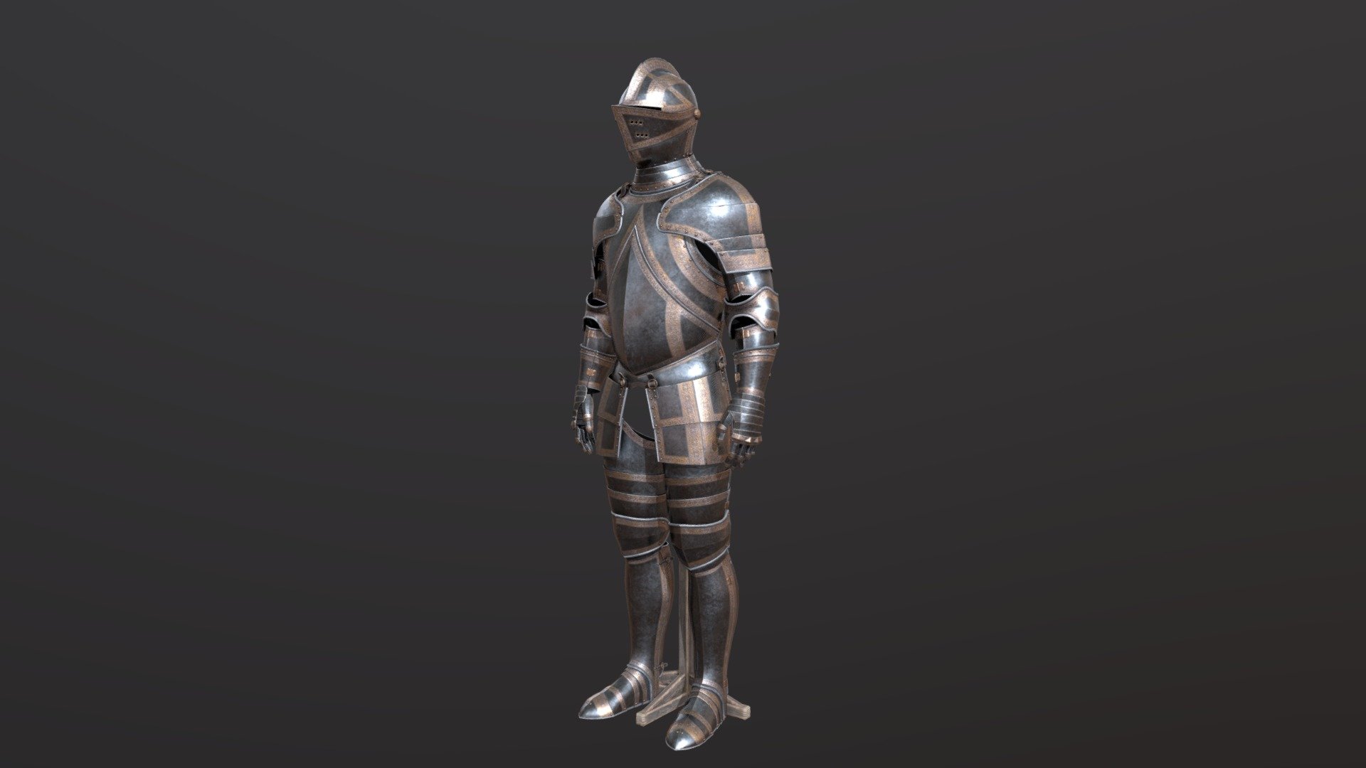 A set of medieval steel plate armour on a display stand.