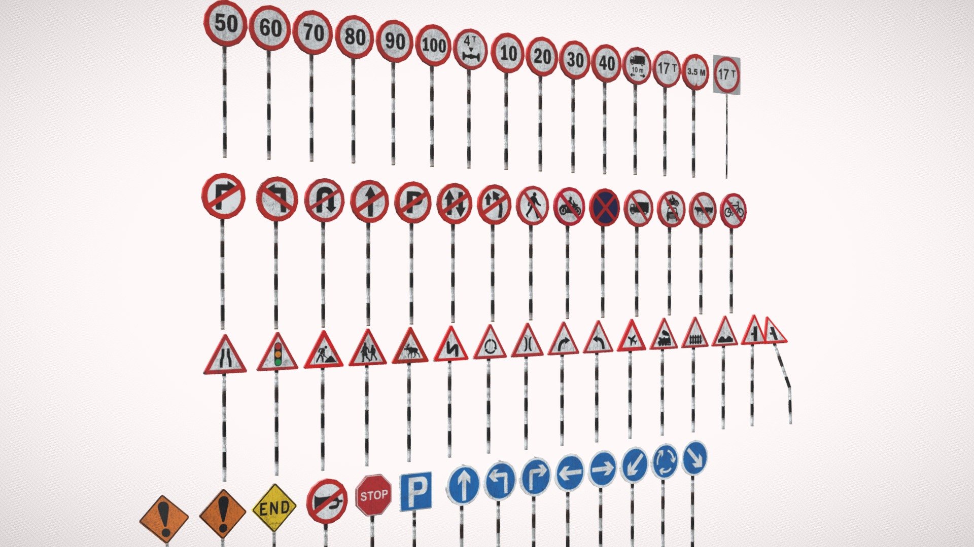 60 Traffic Signs optimized for mobile games, AR &amp; 3D Scenes. It optimized for mobile games with texture atlas. It is just 1.6MB (all 60 models), so average size of each model is just 30KB. If you need any changes in models or need custom 3D models, Please contact us at info@axwon.com