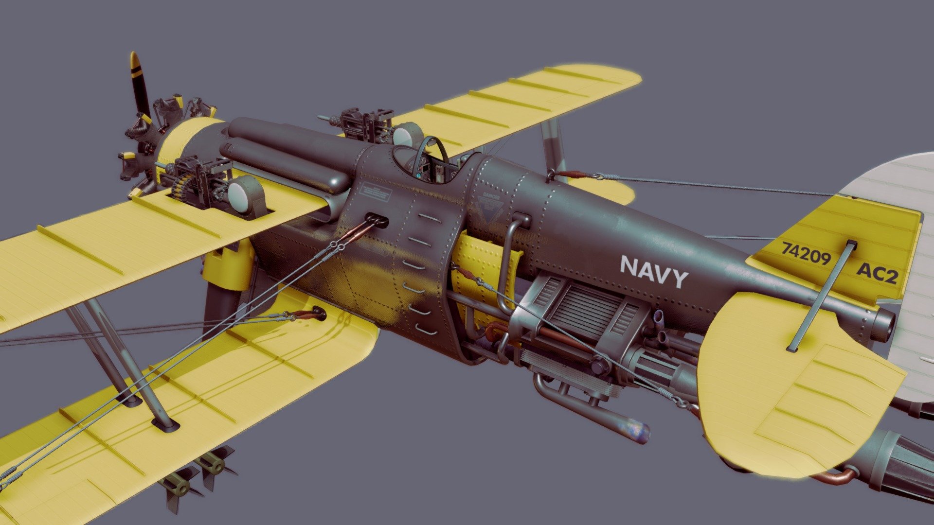 A more up to date version of this model can be found on my ArtStation page: https://www.artstation.com/artwork/AZGeVy

This was a dieselpunk inspired bi-plane I created for a game concept/prototype a few years back.

It started out as a low poly model but was never finished.  To finally finish it I decided to add lots of new detail as well as completely re-texture it, adding additional maps that our game engine didn't support at the time (like normal maps).

It includes a fully modelled cockpit (which would have been interactive had the game ever been made), and a detailed rotary engine; both of which have their own set of texture maps so will be easy to reuse in other projects.

Included in the optional download are all uncompressed texture maps in PNG format (diffuse, AO, roughness, metallic, and normal), as well as quadrangular and triangulated versions of the mesh.

If you purchase this model then please send me a message to tell me about your project, I'd love to see what you create with it!