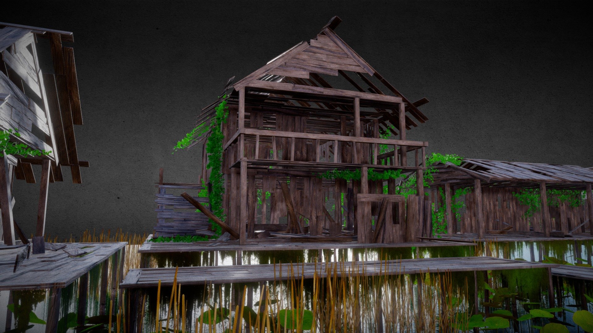 Wooden Swamp House Destroyed Scene






Assets Included:-



5 types of wooden house with Ivy and Algae Leakings

5 types of same wooden house destroyed/Abandoned

Reed grass

Swamp Plant

2 low-poly Ivy Individual stems

Destroyed/Broken Also included in the Pack




Things you can do with this asset pack:



Translate,Rotate and Scale the vines and use them in any assets/Project you like.

Make full Swamp Scene using the assets Provided

Things are not limited just follow your imagination.
Thank You!


Additional Files Structure



Export Folder contain all the fbx model Texture folder contain all the Textures

Sketchfab Scene file

All Required Blend Files.


Software Used for Creating:



Blender

Substance Painter

Photoshop

pureRef






Additional Notes:



Use subsurface scattering in shader editor for leaves and leaking.

All the House meshes are made up of individual planks which are seperated you can add and remove them according to your requirements.


Thank You!