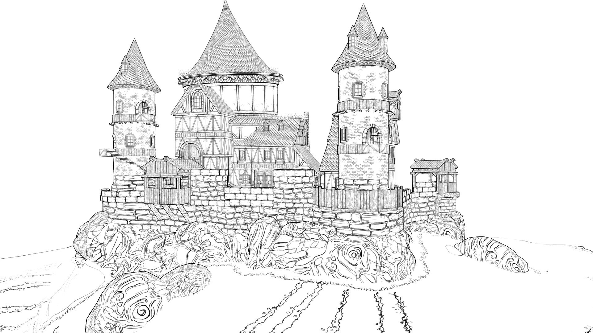 This is a Castle I made for a comic using 2D details.

Here you can see how I made the textures and how a model like this would be built for making comics.

If you purchase the model you will get the textures I used so you can disect them and see how you can create your own, you can also use the textures in your personal project.