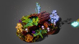 Stylized log and plants plant, grass, flower, log, foliage, props, nature, dowloadable, substancepainter, blender, lowpoly, gameasset, wood, stylized, fantasy, rock, gameready
