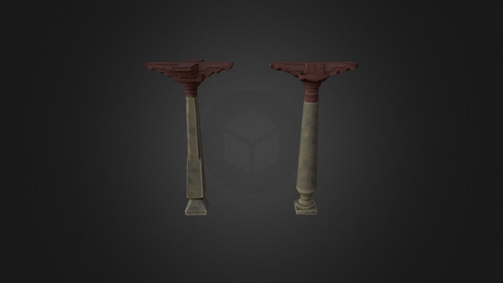 Two models of a traditional pillars in a South Indian home - which we created to make the home in Antariksha Sanchar - based on research in Madurai and Dakshinachitra museum