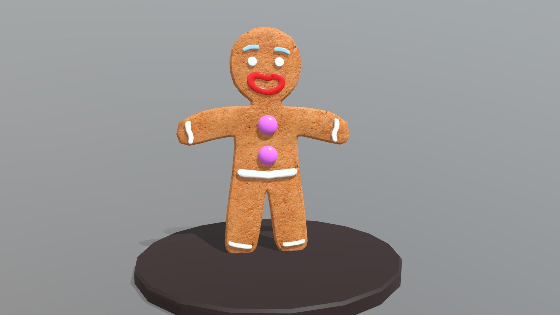 This is a Christmas Gingerbread 3D model. It is in low poly model. It is made in Autodesk Maya 2018 and texturized with uvs, iluminated and rendered in Arnold 2018. This model can be used for any type of work as: low poly or high poly project, videogame, render, video, animation, film…This is perfect to use it as decoration in a Christmas Scene or for a CHristmas postcard image with other foods or candies… Also you can use it to 3D printing.

This contains a  .fbx file and all the textures.

I hope you like it, if you have any doubt or any question about it contact me without any problem! I will help you as soon as possible, if you like it I will aprecciate if you could give your personal review! Thanks!