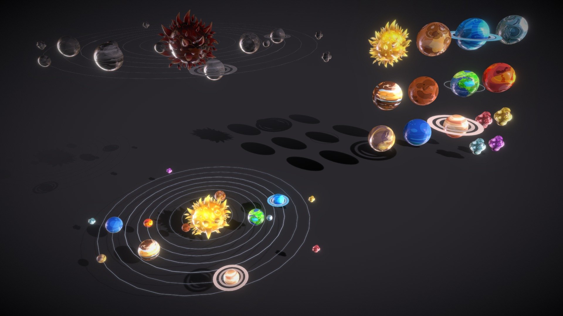 

Cartoon Solar system planets with : 
Sun
Mercury
Venus
Earth
Moon
Mars
Jupiter
Saturn
Uranus
Neptune
Pluto

Mesh : 53076 polys/ 52333 Verts 

Maps including different all in one :
2048px x 2048px


