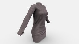 Long Sleeves Turtleneck Mini Female Dress mini, winter, , arm, fashion, girls, long, clothes, summer, dress, realistic, sleeves, sweater, casual, womens, wear, metaverse, warmer, pbr, low, poly, female