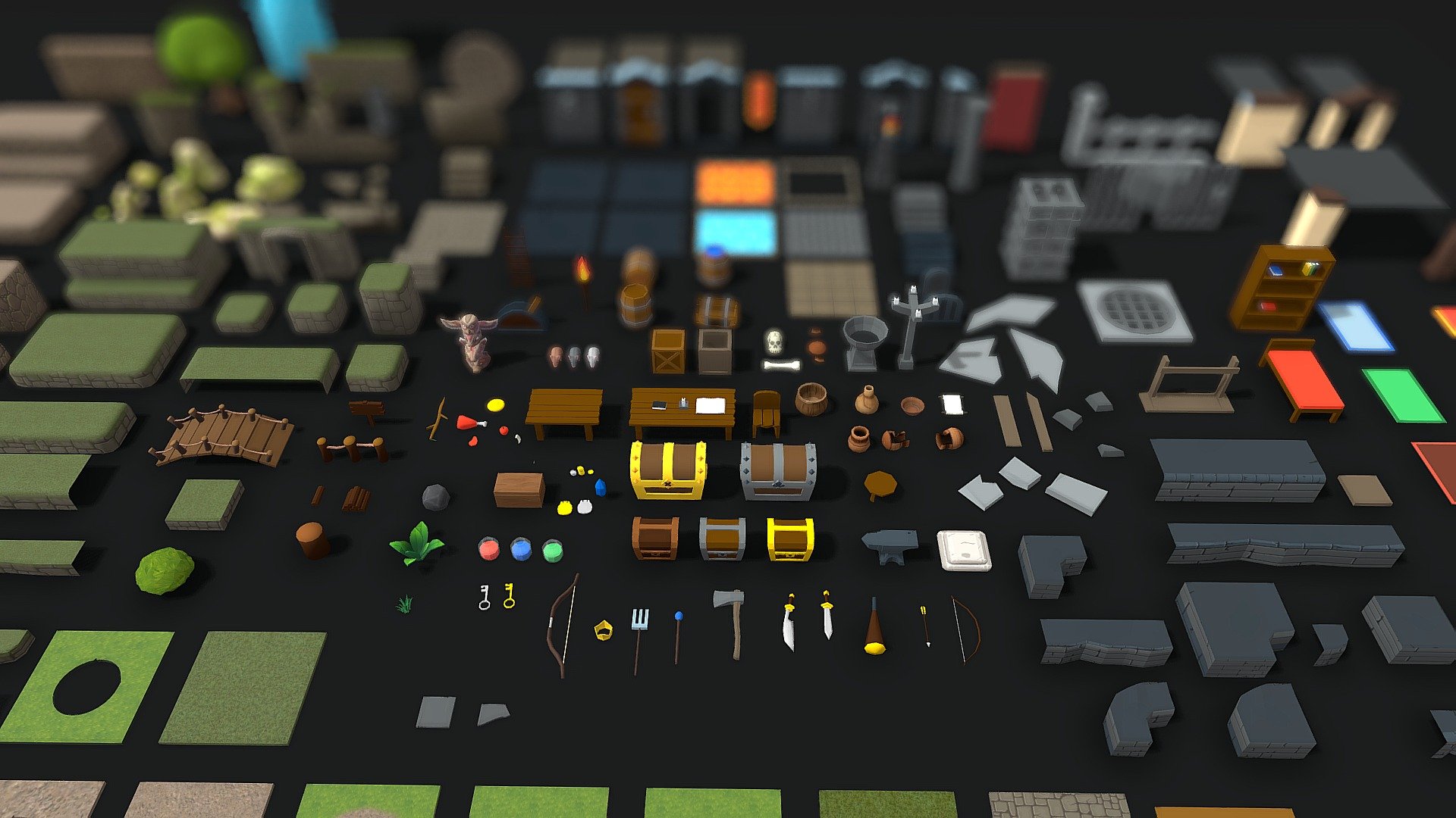 Prototype your fantasy game faster with this awesome modular lightweight Props and Environment Kit. Win time by focusing on what is more important instead of create all this assets from zero.

You can freely modify it and use in all of your games.

If you want me to include some specific asset feel free to contact me!

200+ Items and counting.

Feature




200+ Assets ( Props and Modular Environment 3D Tiles)  

Suitable for Low-End Mobile Devices ( Better Performance )

Free Handpainted Stone Pack include

You can create many differents environments ( Desert, Dungeon, Forest and Ruins )

All models have they rotation set to 0 and scale set to 1 

All models have they pivot point set to bottom center position 

All models have a prefab with a collider ( Unity Package )

Objects size follows the convention 1 Unit : 1 Meter scale

Cartoon Looking
