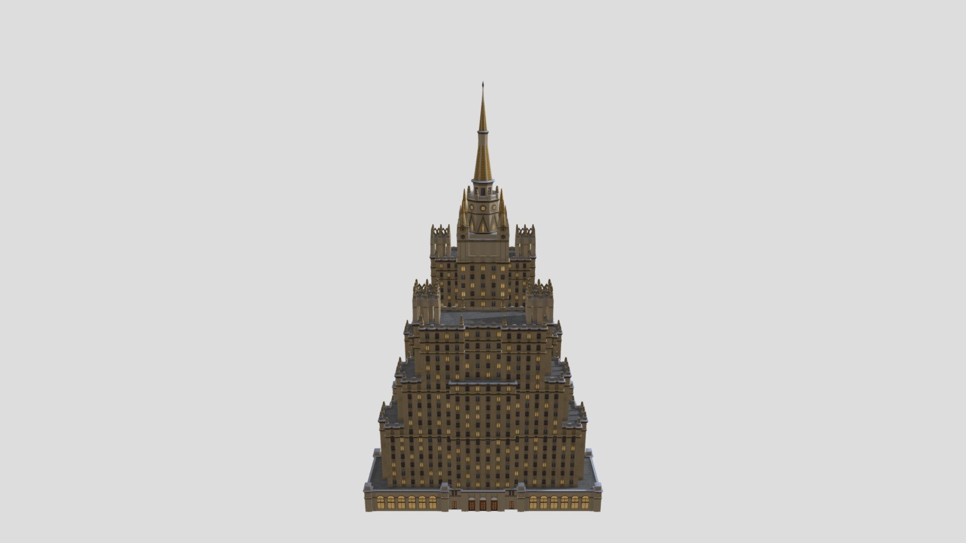 The building was richly decorated but lacked a unified stylistic direction. The parapets are in the ancient Roman style. The lobbies decorated with marble columns, stained-glass windows, and lamps in the form of candelabra are a reminiscence of Gothic interiors. The pointed turrets around the spire resemble the domes of an Eastern Orthodox church. On the roof of the stylobate, there are sculptural portraits of Soviet workers and soldiers.