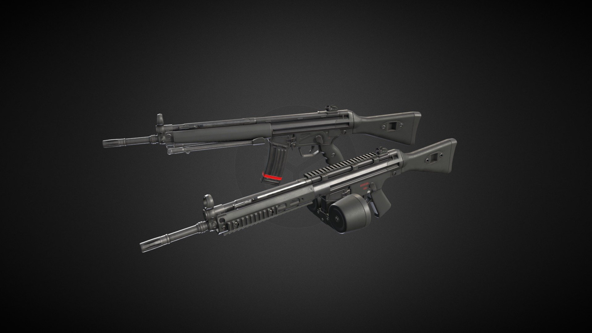 Classic HK rifle that is really scaled down G3 made mostly for export after implementing NATO 5.56x45mm in late 60s.  

Model is rigged but there is also version with all main parts separated. Rifle contain additional modern handguard and lower, double drum magazine, 10r mag and top rail for mounting modern sight systems.

It have 5 PBR Materials in 4K(plus one separate for mag band).

Verts:18K

Tris:37K  

Made in Blender.