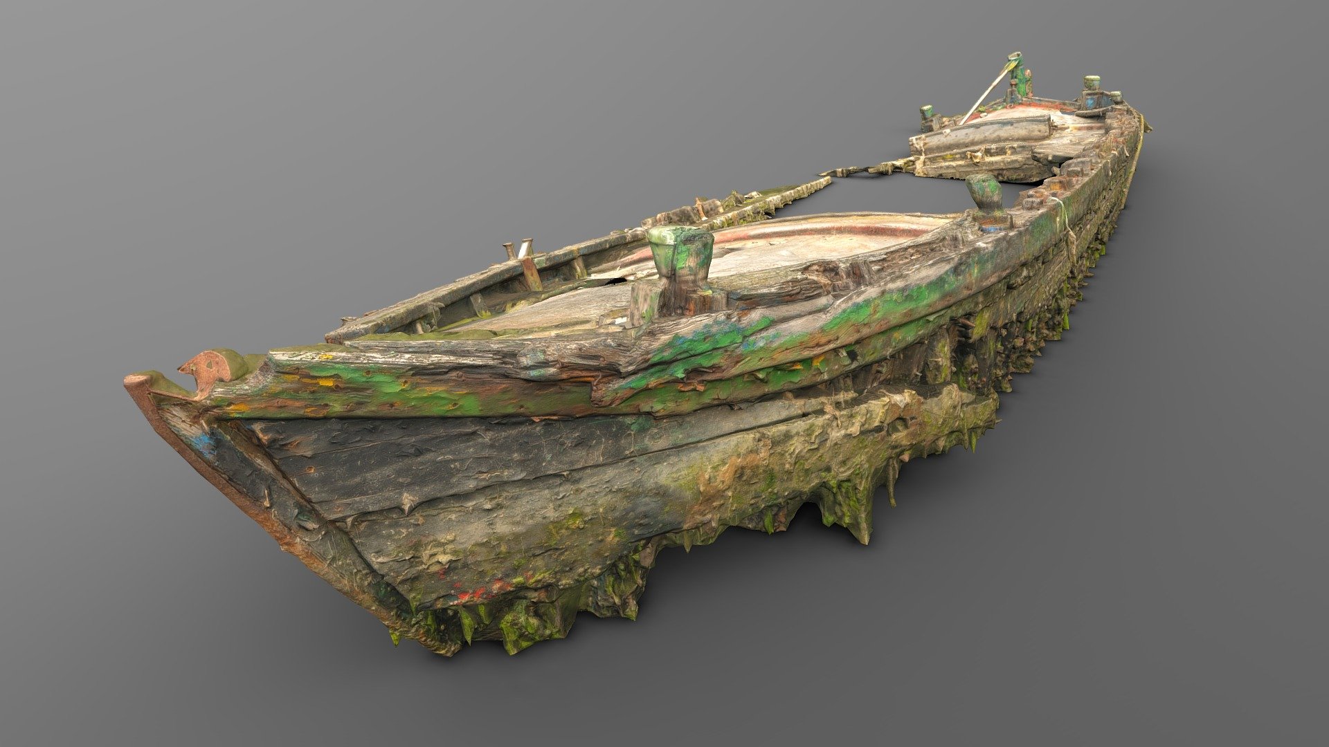 Super telephoto photogrammetry of a wreck abandoned boat derelict. Pealing chipping off layers of paint. Lots of seaweed and seashells from the lagoon of Venice.

Unfortunately I could't get full coverage because I coun't get very close to the subject, maybe 20m the closest, I could't get all the photos I wanted especially from  the top. This was one of times I wish I had a drone (not sure if it's even allowed to fly in that area anyway), so I tried my best with a 400mm lens handheld from any place I could walk around it.

I managed anyway to get comfortably 3x8K textures and normals in a relatively low poly model.

Maybe if I find the right conditions again (low tide and good light) I could try to reshoot this one, maybe from a boat&hellip; stay tuned for a possible reupload.