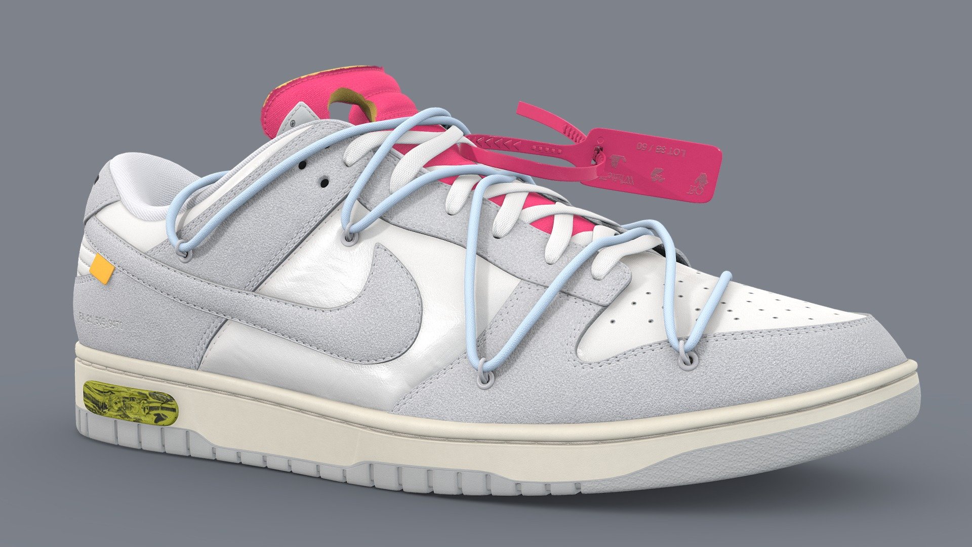Off White collaboration with Nike on a Dunk Low, made in Blender, textured in Substance. Released in 2021. Each Lot has its own unique twist, this shoe boasts a vibrant pink tongue with leather and canvas panels.

Every detail was made in the recreation of this shoe, from the text on the medial side of the shoe to the subtlety of each material, nothing went overlooked. Stitches were sculpted by hand to achieve the highest quality, and the frayed edge on the tongue of the shoe was created such that there would be no gap between the canvas fabric and foam

What's included Firstly, two versions of this model. The base version with 4 texture sets, and a One Mesh version that uses only 1 texture set. Both models are identical, only how they are unwrapped is different. There are two texture sets, with 4 maps, namely: Base Color, Metallic, Normal, and Roughness. I have included several other versions, such as High and Low Poly shoes All textures are 4096x4096. Meaning the One Mesh version has 4 2048x2048 textures.