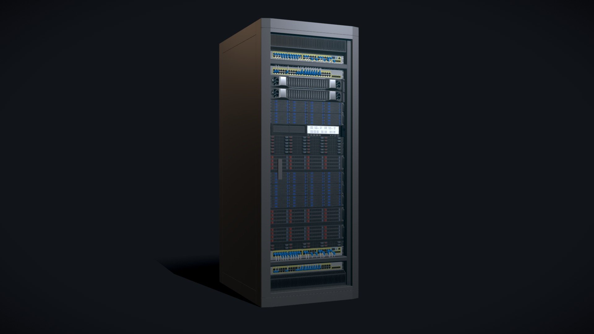 All server rack unit are made with separate geometry and can be swapped, which allows you to create unique server stacks

The units have a 10-frame loop animation of the movement of the diodes and the rotation of the fans. Also, the door pivot position allows to create an animation of opening and closing

The UV map is made with overlaps for better optimization. 2nd UV channel for lightmap baking in Game Engines without overlaps

Textures:
* Server Racks Color/Metalness/Gloss - 4096x4096 px (jpg), Normal - 4096x4096 px (png)
* Black metal Color/Metalness/Gloss/Normal - 1024x1024 px (jpg)
* Diodes Color/Emission - 256x256 px (jpg)
* Glass Color/Opacity - 256x256 px (jpg), Gloss - 1024x1024 px (jpg)
* Polished metal Color/Metalness/Gloss - 256x256 px (jpg)
* Rubber Color/Metalness/Gloss - 256x256 px (jpg)