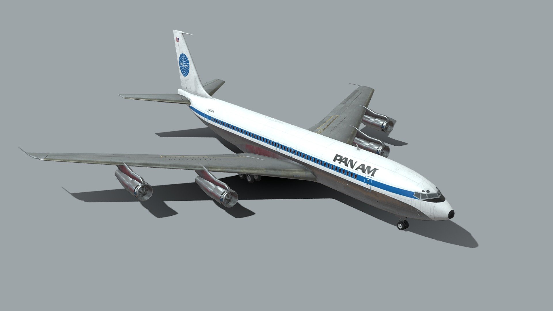 Purchase link is here https://www.artstation.com/artwork/4Xvdak

The Boeing 707 is an American long-range narrow-body airliner that was developed and produced by Boeing Commercial Airplanes, its first jetliner. Developed from the Boeing 367-80, a prototype first flown in 1954, the initial 707-120 first flew on December 20, 1957. Pan American World Airways began regular 707 service on October 26, 1958. The airplane was built until 1979. A quadjet, the 707 has a swept wing with podded engines. Its larger fuselage cross-section allowed six-abreast economy seating, retained in the later 720, 727, 737, and 757.

Although it was not the first commercial jetliner in service, the 707 was the first to be widespread and is often credited with beginning the Jet Age It dominated passenger air transport in the 1960s, and remained common through the 1970s, on domestic, transcontinental, and transatlantic flights, as well as cargo and military applications.