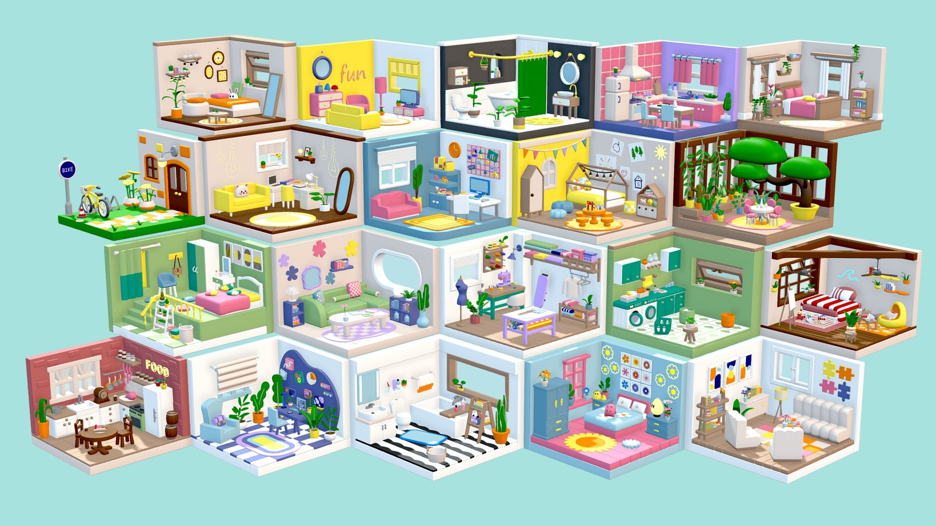 20 rooms (watch Youtube video here), 715 assets (watch here)

One texture (2048/1024/512/256/128px) and three materials (color, glass, emission) are used for the whole set

900.1 k triangles full set (interiors)

Room types: study rooms / sewing room / bathrooms / bedrooms / children's rooms / kitchens / laundry room / living rooms / office / front yard

Interior props: walls, windows, floors, cabinets, couches, tables, chairs, plants, paintings, curtains, toys, carpets, beds, books, lamps, decorations, food, interior appliances, household appliances, electronic appliances, kitchen appliances and much more! The pack allows you to build any interior to your liking!

This pack is a collection of 715 assets you can use to easily create your top any quality cartoon room, any apartment/house. 20 rooms included!

Files: Unity \ Unreal Engine 5.3 package (is compatible with version UE 5.4)4 \ Blender \ fbx \ obj \ glTF