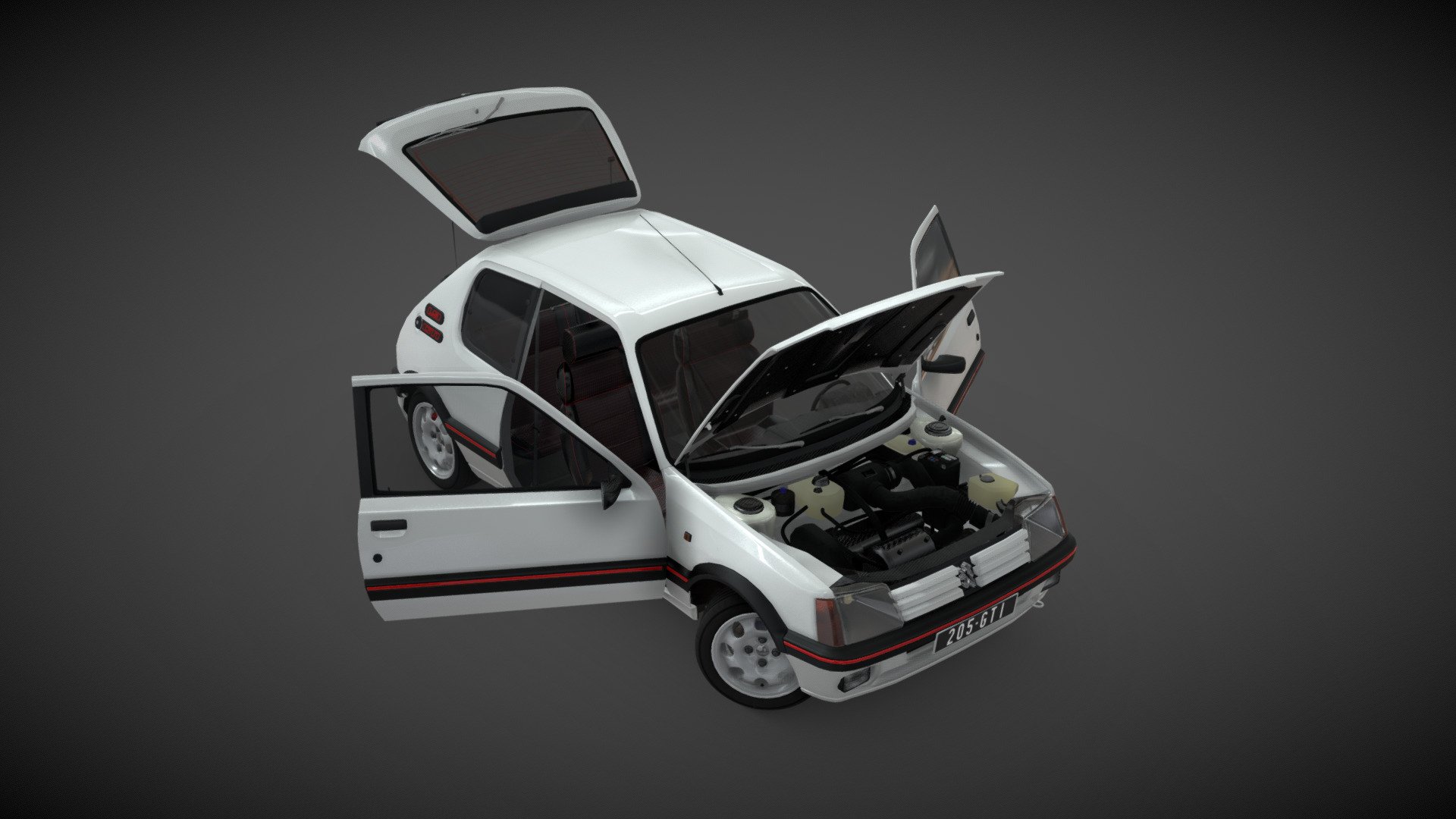 &mdash; 205 gti 1.9 Peugeot :

Reproduction work carried out from reference images only. The model is not a true copy of the original, but is as close as possible to it.
The model is rigged and animated. Everything was modeled with Blender by limiting the number of polygons.

In the archive you would find all the texture in jpeg format. Most of it is made to be tiled.
The model is ready to be used in a game engine.

Like if you like it and feel free to comment for appreciation or any suggestions.
If you want to download it, feel free to contact me for more information.

Please consider crediting me. It will be nice to link to my Web site. Thank you !

ArtStation project here : https://www.artstation.com/artwork/zDlNed


