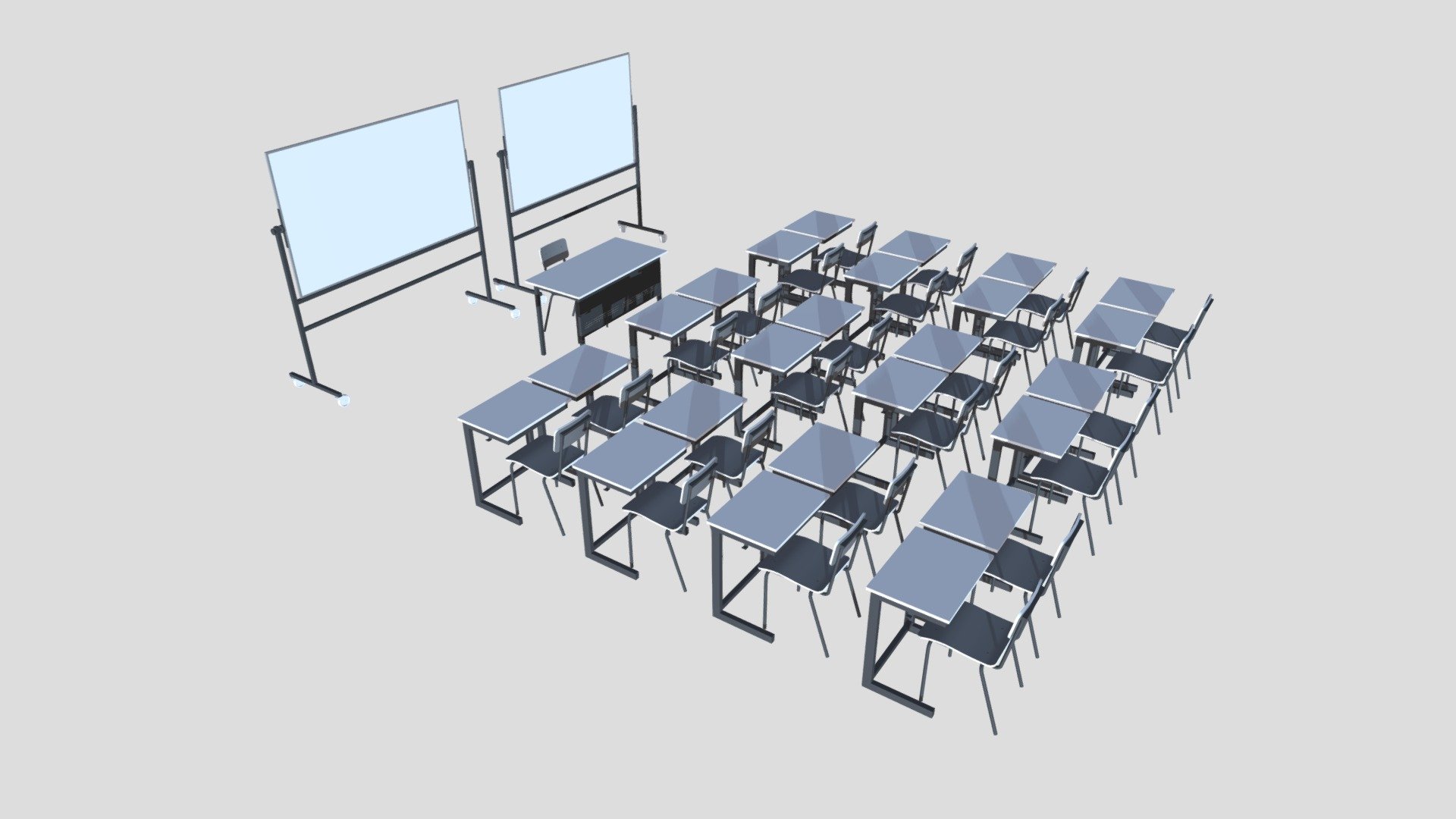 School Classroom Furniture Complete Set

**School Classroom Furniture - Complete SET - Gray

4 complete 3d models: chair, table, desk and whiteboard**

Created in 3ds max 2018, with materials, created without textures, only geometry and materials

Optimized number of polygons Materials asigned No textures

Optimized geometry Rounded corners (material) Real world scale

3ds max format fbx format 3ds format obj format dae format dwg format

3ds max file was created in vray, and it contains lights and cameras.