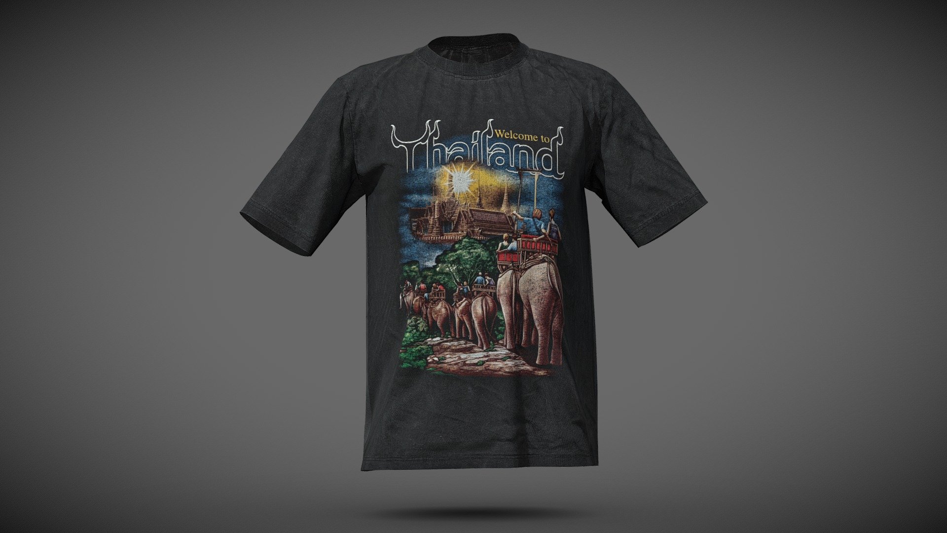 Thailand tourist t-shirt model, textures are fully based on 2 scans of 350 pictures. 
Quad topology simulation ready, PBR textures of 8K maps.
Gameready asset, you can easily use it and modify it for your projects. 

I'm going to publish a blank version of this black shirt.