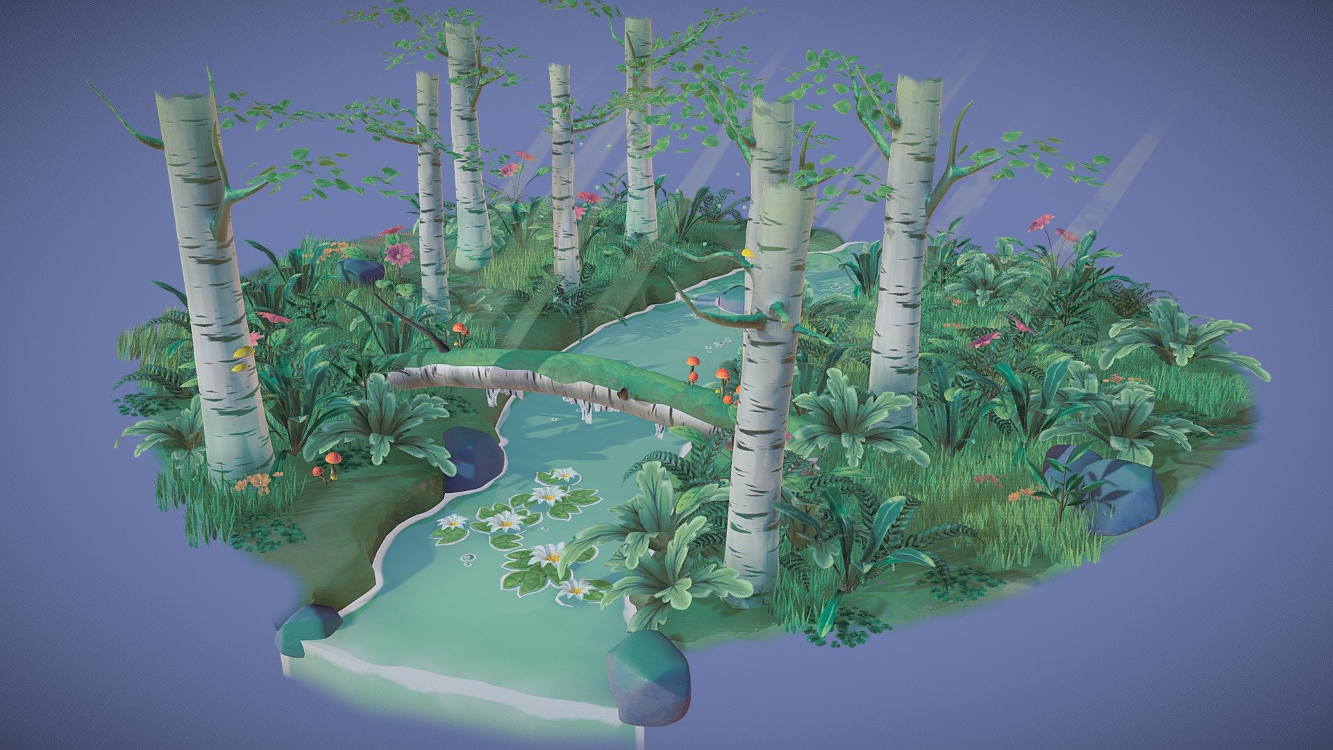 This project started to create hand painted foliage and it turned into a forest! I was inspired by the color palettes used in Ghibli concepts.