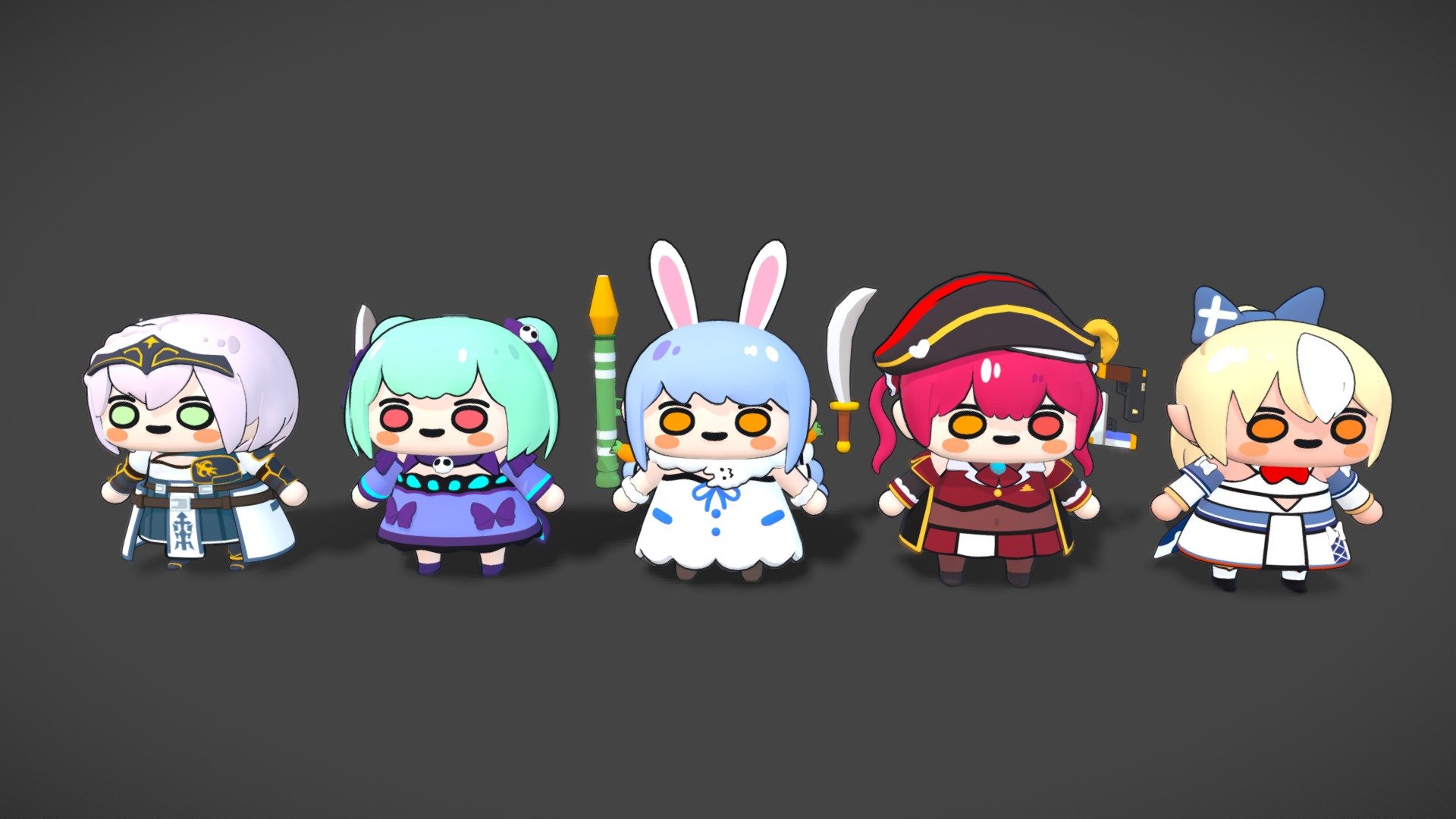 I would like to release those models for Hololive community to create funny stuff.
(Please limit the usecase within the Hololive theme)

If you do not intend to reupload the models,
you are welcome to make adjustments such as rigging, re-topology, adding new outfits or anything else.

When using these models please,





Follow Fan Work Guidelines 




Do not directly modify the model to make different Fuwa Fuwa verison characters and reupload




Please credit to fuwafuwa_35 and Teoi4Quote  or simply link to this page



Please enable backface culling and turn shadow mode to None at the &ldquo;Outline materials