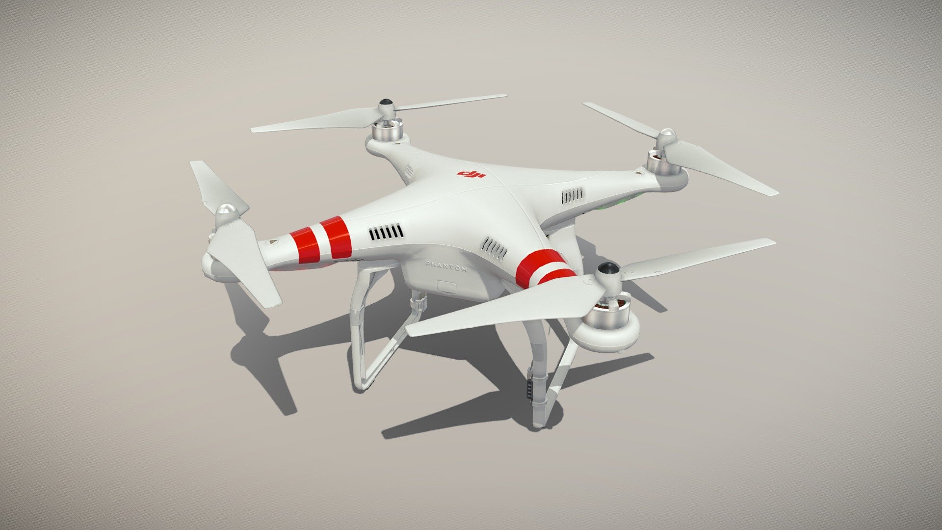 •   Let me present to you high-quality low-poly 3D model DJI Phantom 2 Quadcopter platform without camera.  Modeling was made with ortho-photos of real quadcopter that is why all details of design are recreated most authentically.

•    This model consists of a few meshes, it is low-polygonal and it has only one material.

•   The total of the main textures is 5. Resolution of all textures is 4096 pixels square aspect ratio in .png format. Also there is original texture file .PSD format in separate archive.

•   Polygon count of the model is – 11852.

•   The model has correct dimensions in real-world scale. All parts grouped and named correctly.

•   To use the model in other 3D programs there are scenes saved in formats .fbx, .obj, .DAE, .max (2010 version).

Note: If you see some artifacts on the textures, it means compression works in the Viewer. We recommend setting HD quality for textures. But anyway, original textures have no artifacts.