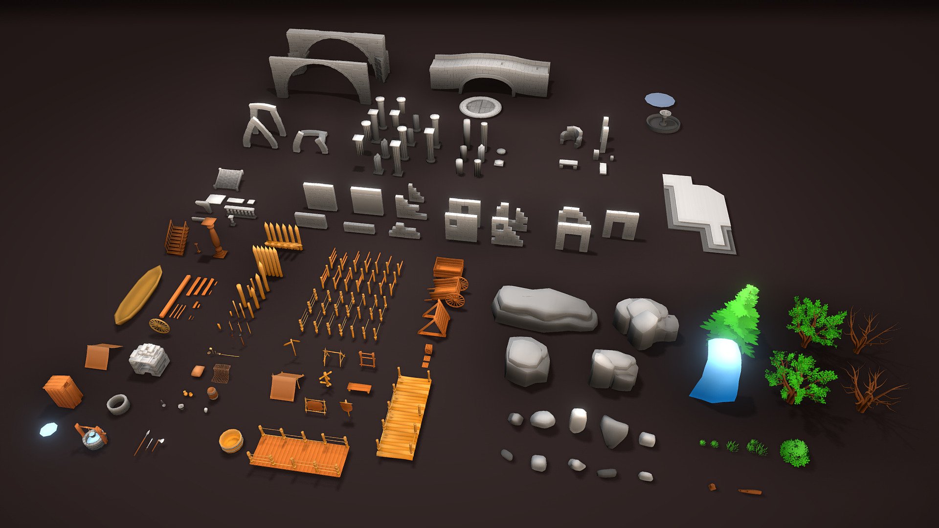 Features:




200 assets

3 materials

color scheme gradient texture

embedded texture in fbx

modular &amp; unique assets

Includes the following:




Ruins pack

Environment pack

Props pack

