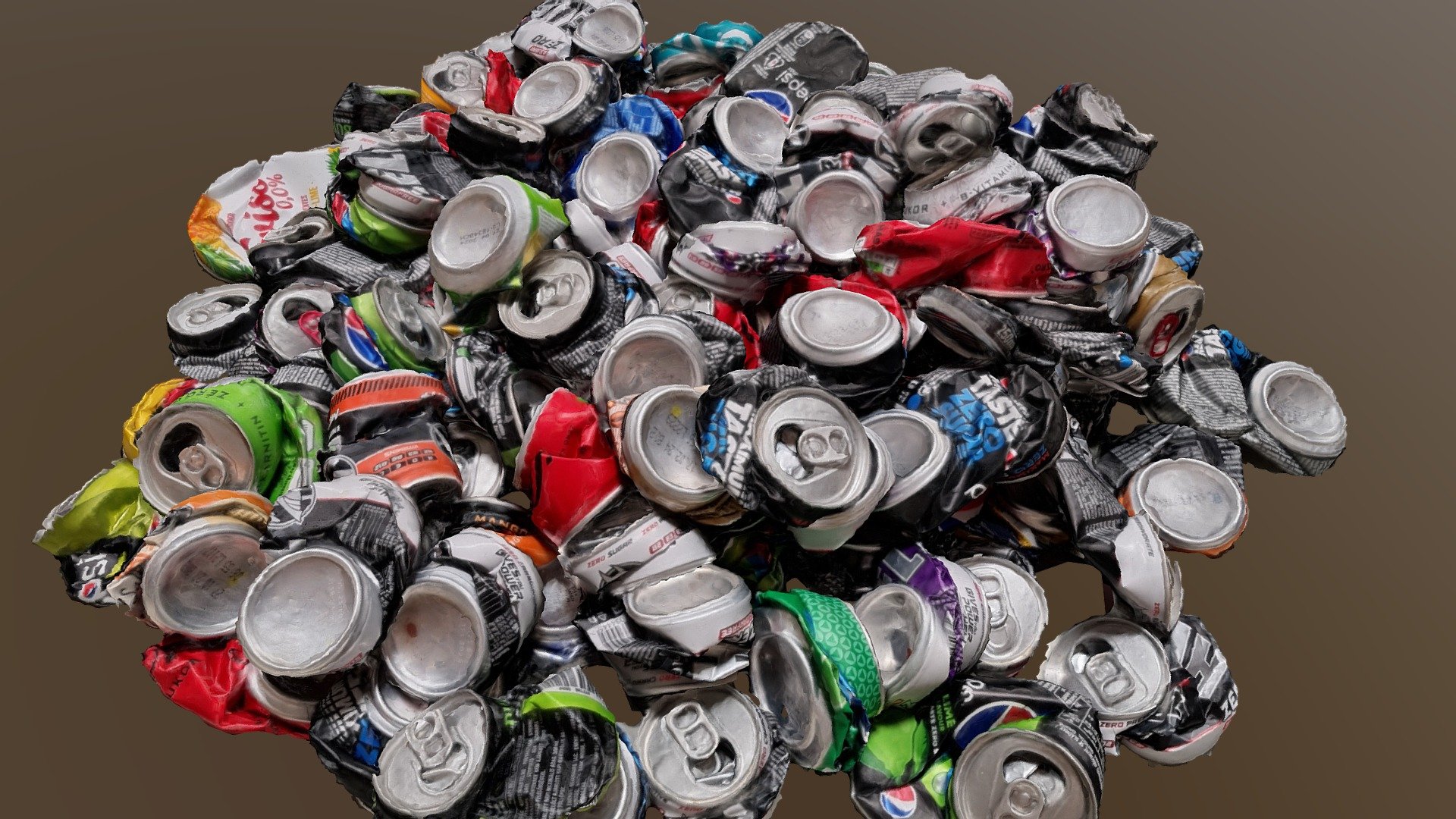 It's a big pile of aluminium soda cans that I take to be recycled. 
This quantity was collected over several months at my workplace.
Due to the quantity of soda cans, the quality of the scanning was medium.