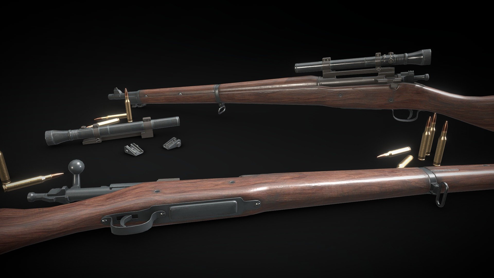Springfield 1903 or M 1903 is bolt-action rifle use by U.S army in WW1 and WW2. this game model purposed for FPS but suitable for TPS and other project.
Model information :




available format : FBX, obj , and blend

Blend format already rigged (rifle+scope)

FBX and obj already in separated part for rigging

rifle (6,48cm X 111cm x 20,40cm) (3339 verts, 6095 Tris)

scope (2,99cm X 26 cm x 4,15cm) (1275 verts, 2264 Tris)

sight (2,58cm X 2,92cm x 1,44cm) (372 verts, 668 tris)

texture in png format

texture size: rifle(4096x4096), scope(2048x2948), sight(1024x1024)

Overlapping/mirror: bolt, trigger, and some part

pbr base(metal), cryengine, unreal engine, and unity texture in texture file /folder

note : notify me if you have issue with model 

TIP :
The model may appear more shiny in some render engine, tweak the roughness map for fix it. For best result (like in the image) set roughness to noncolourdata /uncheck Srgb in your render engine or increase the roughness by multiply it by 1,5 to 2