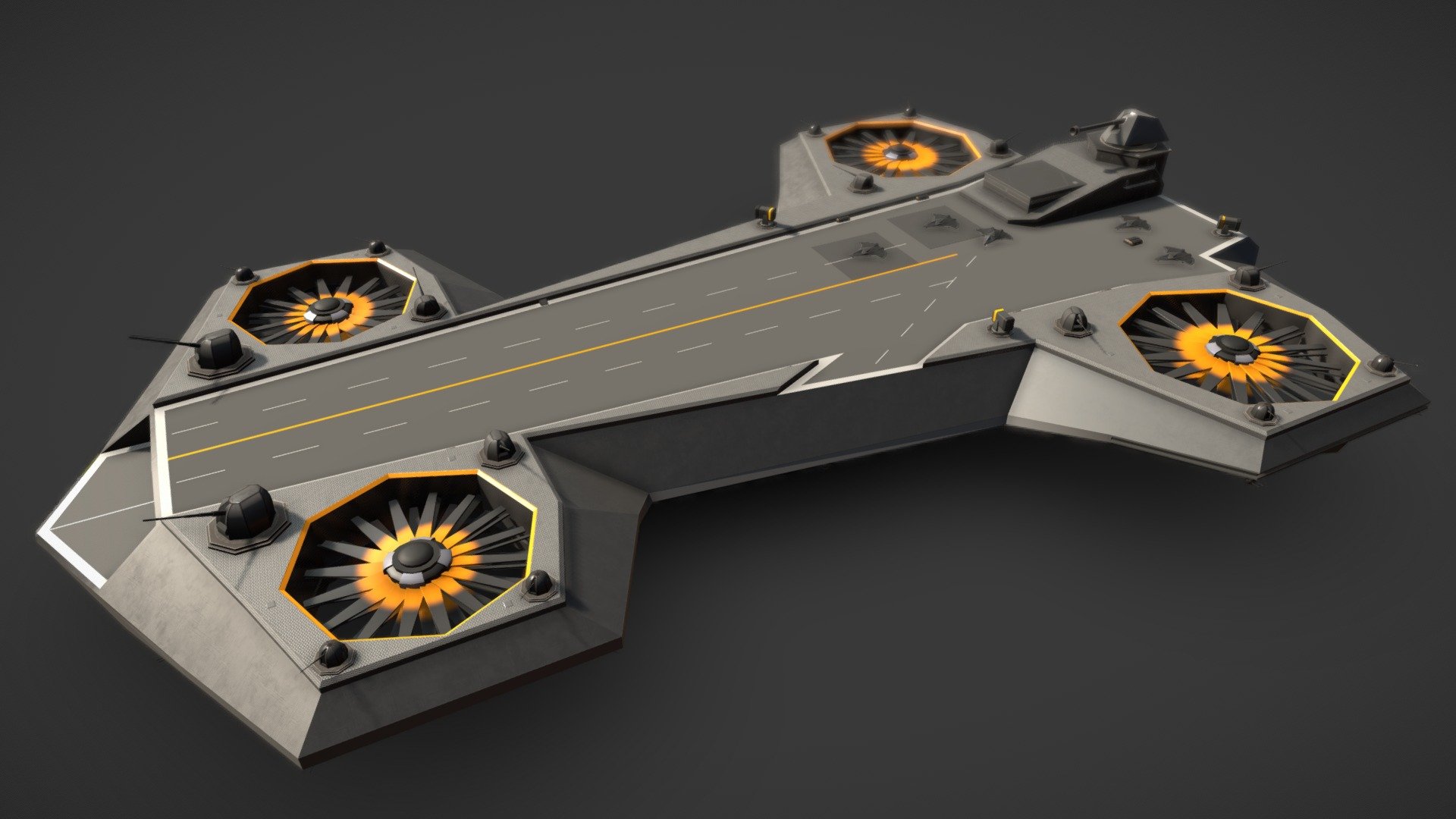 Made for game engines and for visualization for medium and long shots

Includes 5 types of turrets: main caliber, medium and small caliber cannon, rocket turret and small caliber spherical turret

Fighter jet is also included

Flying carrier 19644 tris

Stationary canon system 44608 tris




Main canon 760 tris x1

Medium turret 366 tris x8

Small turret 300 tris x8

Missile turret 3586 tris x3

Spherical turret 1150 tris x24

Deck 6576 tris

FighterJet 1588 tris x5

Lines (white, orange) 246 tris

All models 79014 tris

The model consists of 5 parts:
1. Aircraft carrier 4k pbr texture
1. Superstructure 4k pbr texture
1. Weapon systems 2k pbr texture
1. Aircraft 2k pbr texture
1. Markup 64x64 diffuse texture

The model is not animated, details such as blades and cannons are easy to animate with animation keys

Important, the model is not prepared for 3D printing