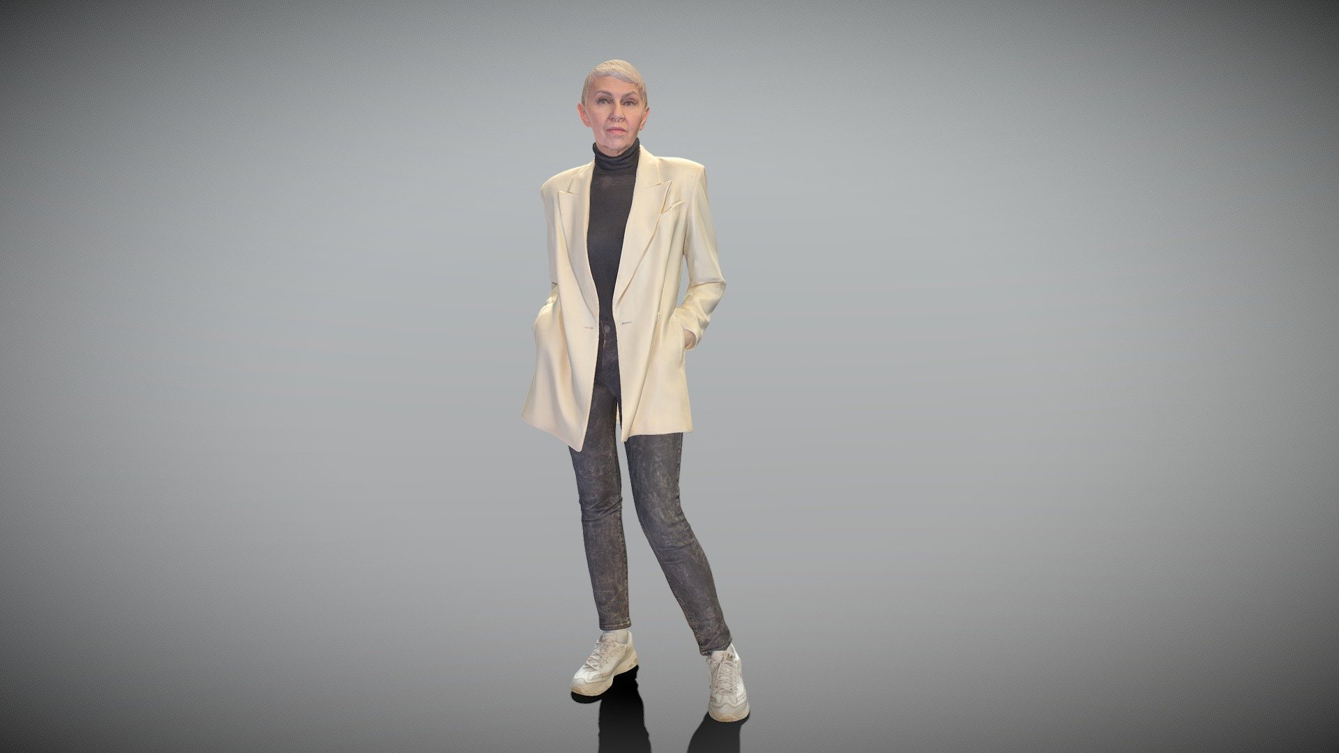 This is a true human size and detailed model of a beautiful mature woman of Caucasian appearance dressed in casual style. The model is captured in casual pose to be perfectly matching for various architectural, product visualization as a background character within urban installations, city designs, outdoor design presentations, VR/AR content, etc.

Technical specifications:




digital double 3d scan model

150k &amp; 30k triangles | double triangulated

high-poly model (.ztl tool with 5 subdivisions) clean and retopologized automatically via ZRemesher

sufficiently clean

PBR textures 8K resolution: Diffuse, Normal, Specular maps

non-overlapping UV map

no extra plugins are required for this model

Download package includes a Cinema 4D project file with Redshift shader, OBJ, FBX, STL files, which are applicable for 3ds Max, Maya, Unreal Engine, Unity, Blender, etc. All the textures you will find in the “Tex” folder, included into the main archive.

3D EVERYTHING

Stand with Ukraine!