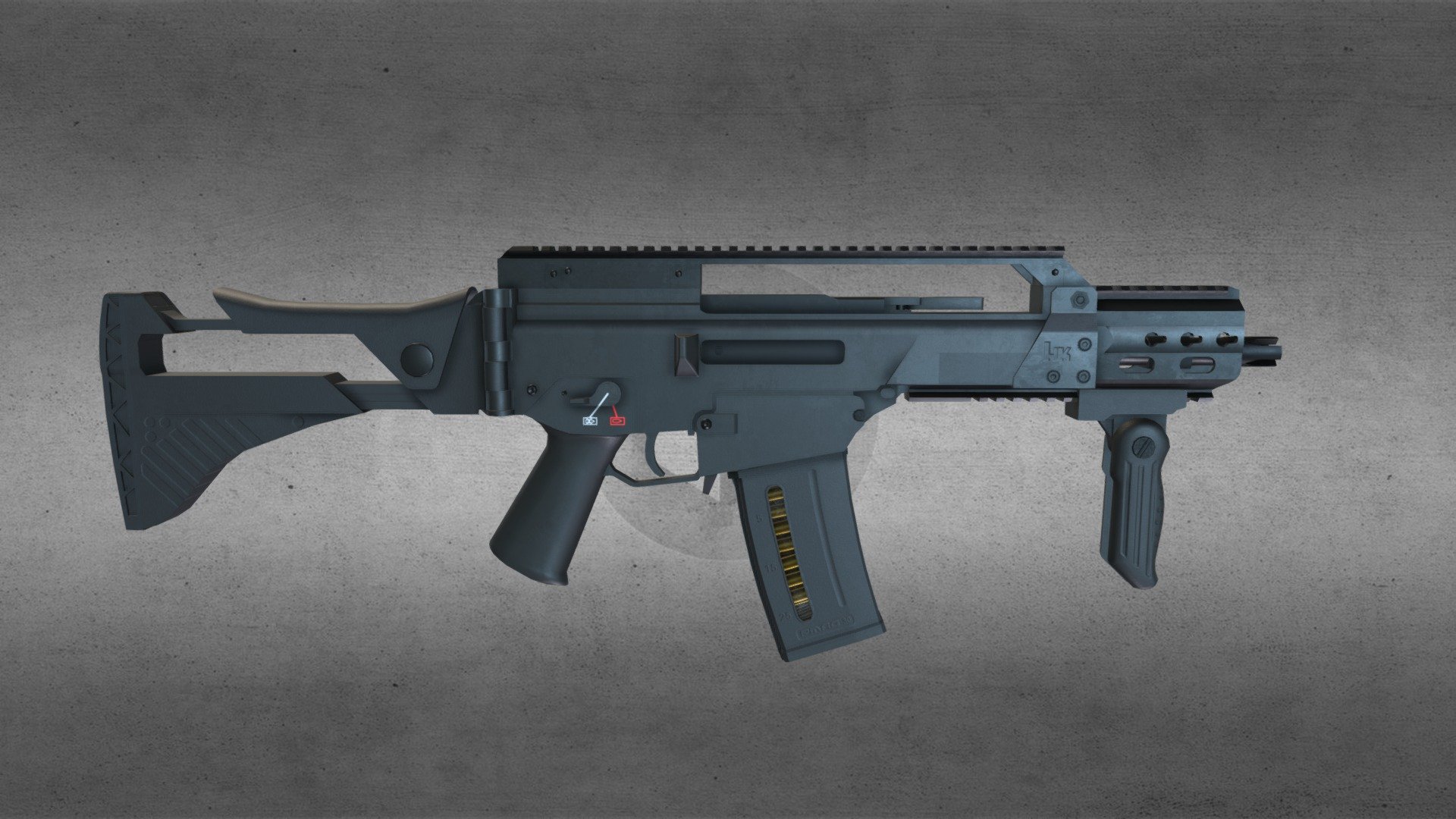 H&amp;K G36C rifle, with custom HK rail, grip and PMAG.

3 texture sets, one 4k for the rifle, one 1k for the grip and one 1k for the magazine.